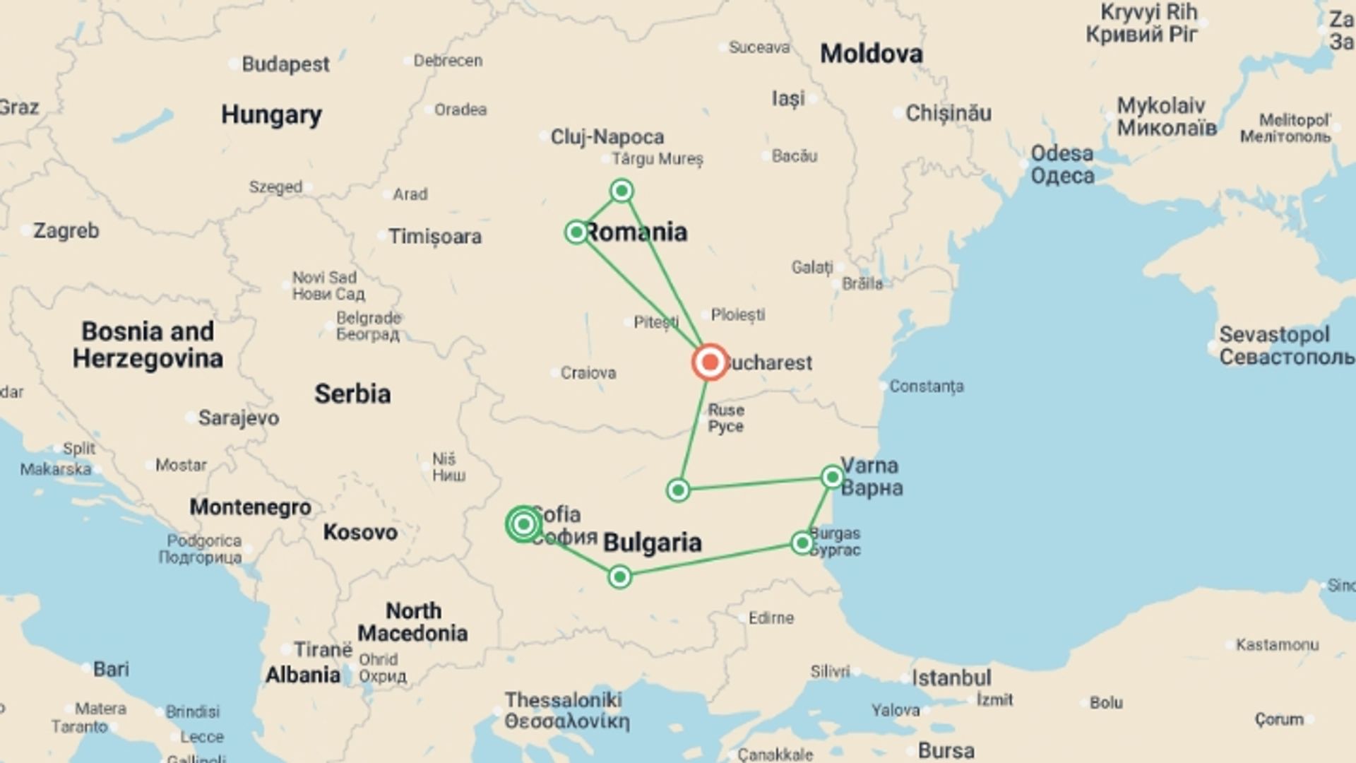 A map showing the tour itinerary for the trip: Bulgaria and Romania: Legendary Monasteries and Castles, starting in Sofia, Bulgaria and ending in Bucharest, Romania going through 6 other destinations.