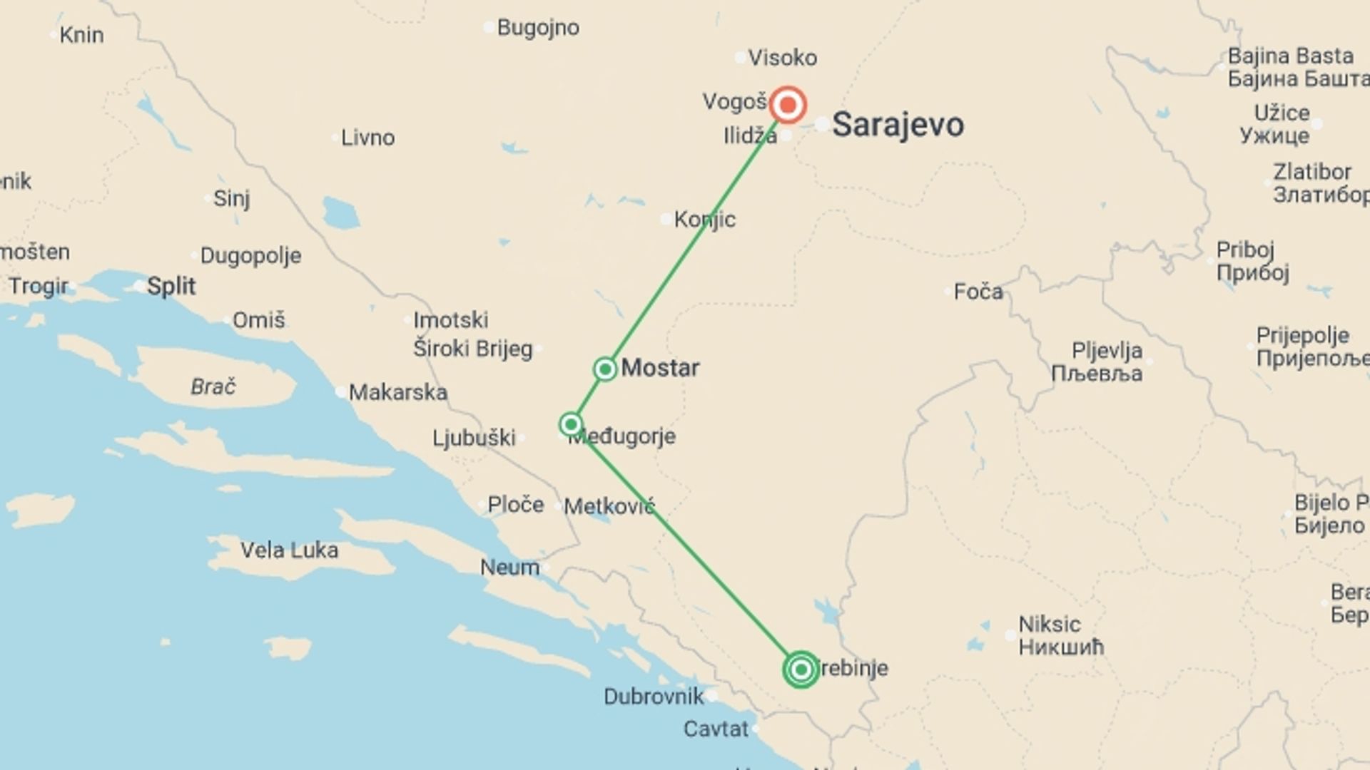 A map showing the tour itinerary for the trip: Bosnia & Herzegovina Uncovered, starting in Trebinje, Bosnia Herzegovina and ending in Sarajevo, Bosnia Herzegovina going through 2 other destinations.