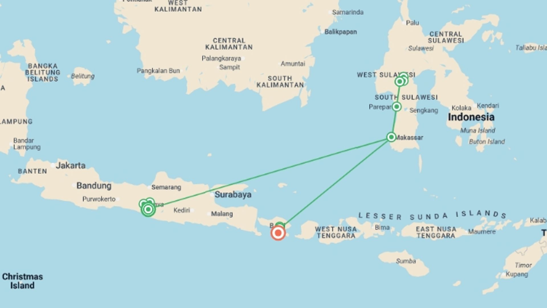 A map showing the tour itinerary for the trip: The Best Of Indonesia's Three Islands: Java, Sulawesi And Bali, Private Tour, starting in Yogyakarta, Indonesia and ending in Denpasar, Indonesia going through 3 other destinations.