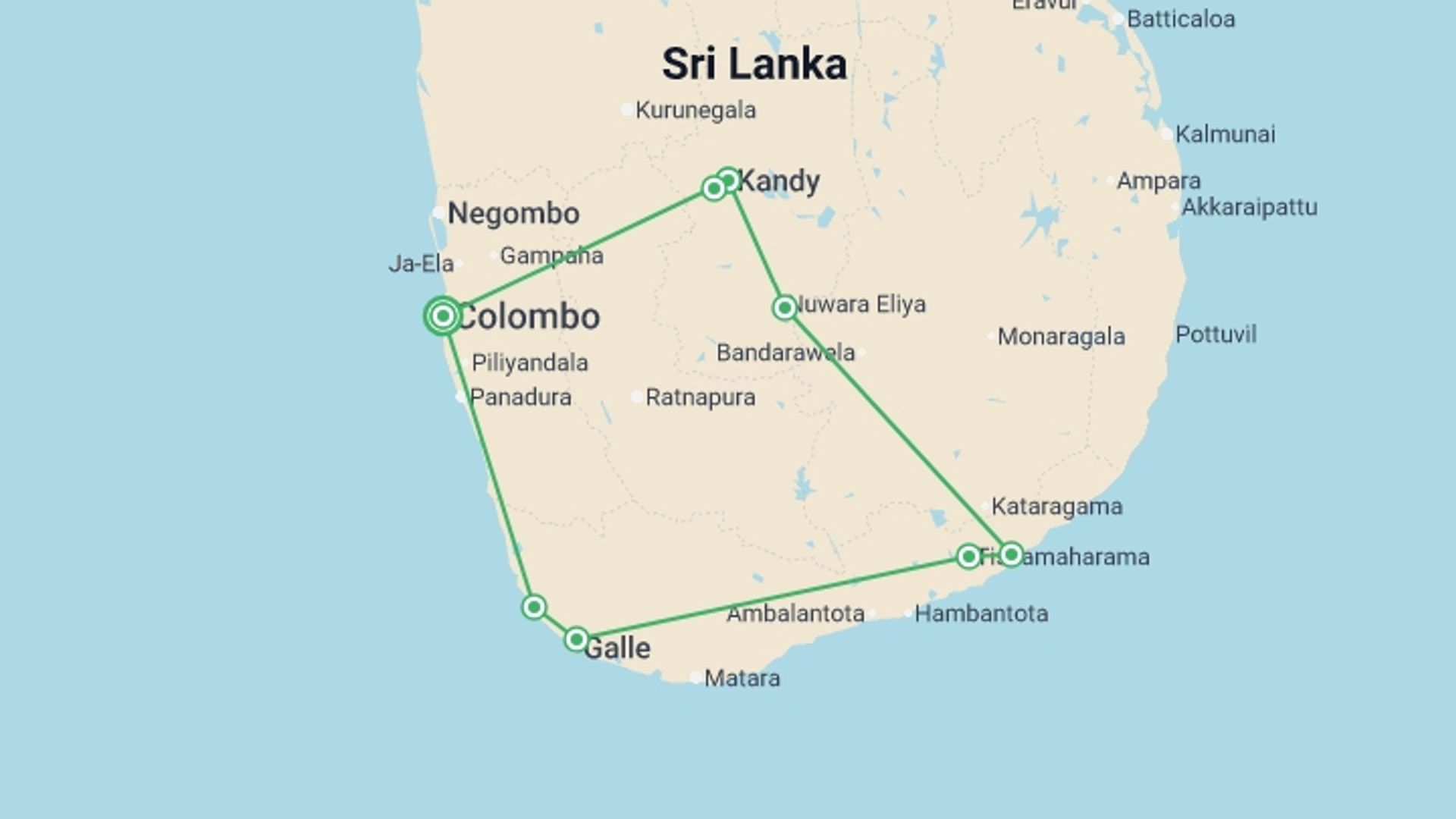 A map showing the tour itinerary for the trip: Best Of Sri Lanka 7 Days, Private Tour, starting in Colombo, Sri Lanka and ending in Colombo, Sri Lanka going through 3 other destinations.