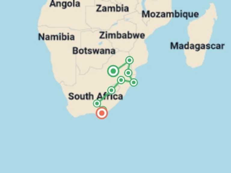Map of Johannesburg Wildlife Tour with 10 destination visits for the trip: Kruger, Eswatini & Lesotho Safari 14D/13N