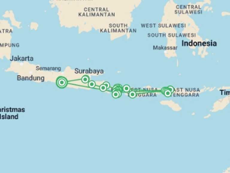 Map of Indonesia Tour with 11 destination visits for the trip: World's Natural Wonders, Private Tour