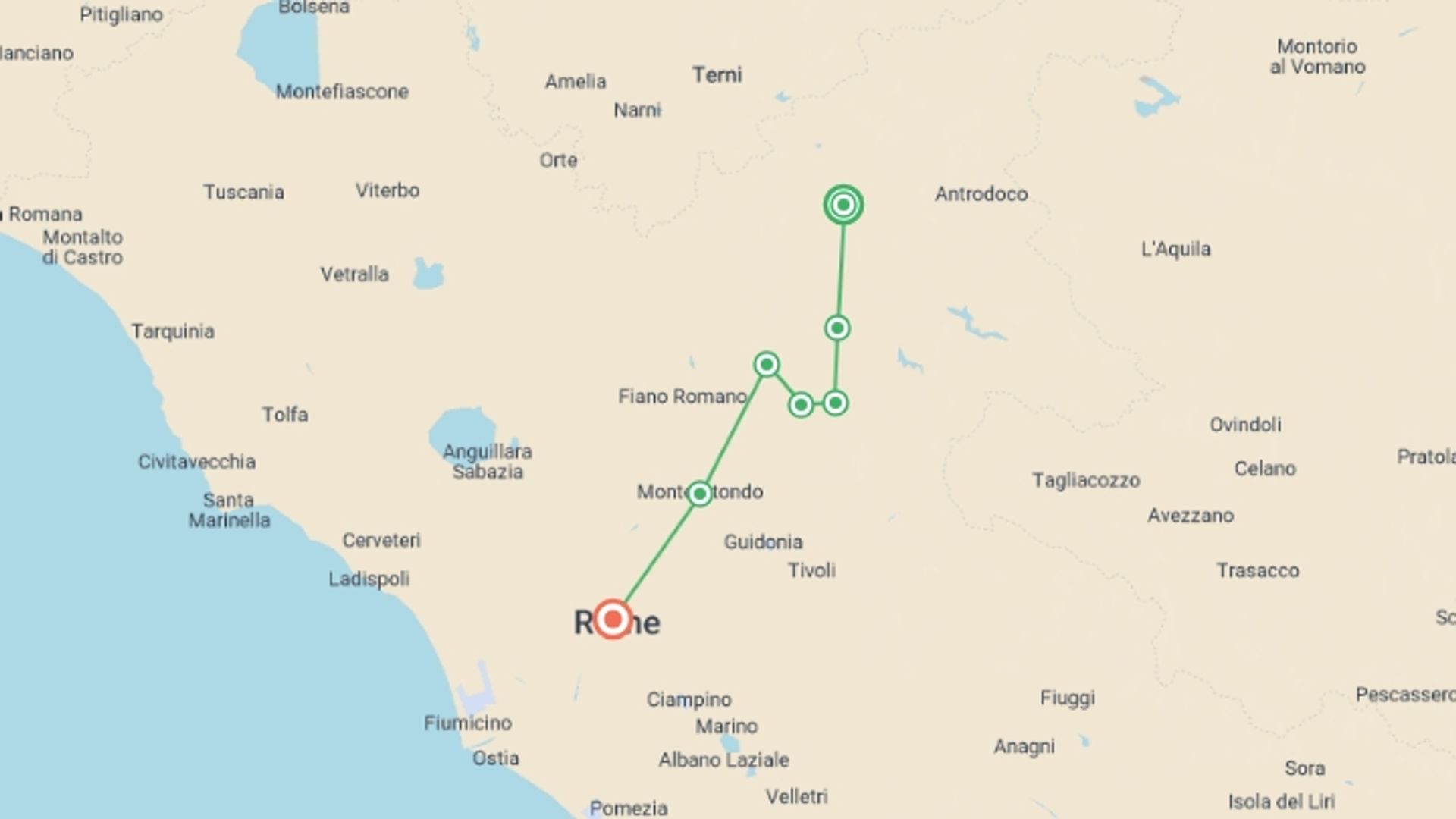 A map showing the tour itinerary for the trip: St Francis Way: Rieti to Rome, starting in Rieti, Italy and ending in Rome, Italy going through 5 other destinations.