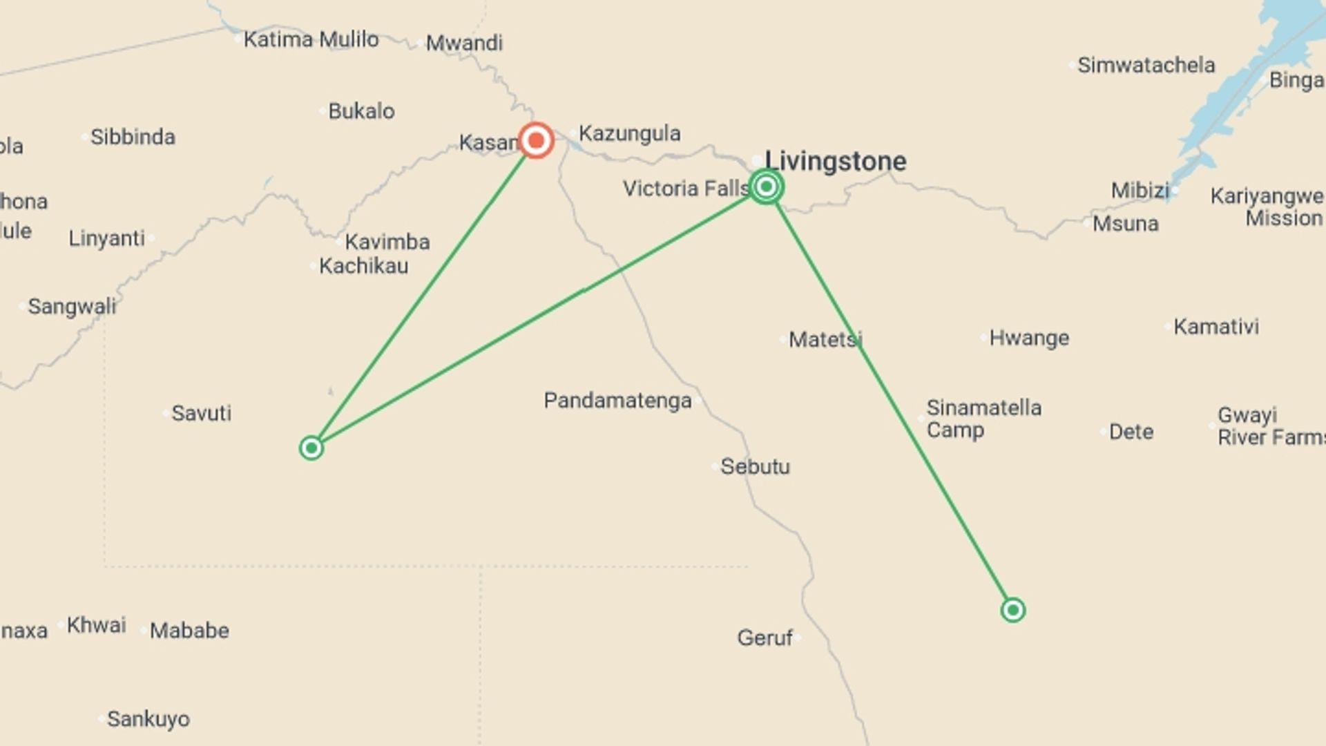 A map showing the tour itinerary for the trip: Zimbabwe and Botswana: Chobe, Hwange & the Wildlife of Victoria Falls, starting in Victoria Falls, Zimbabwe and ending in Kasane, Botswana going through 2 other destinations.