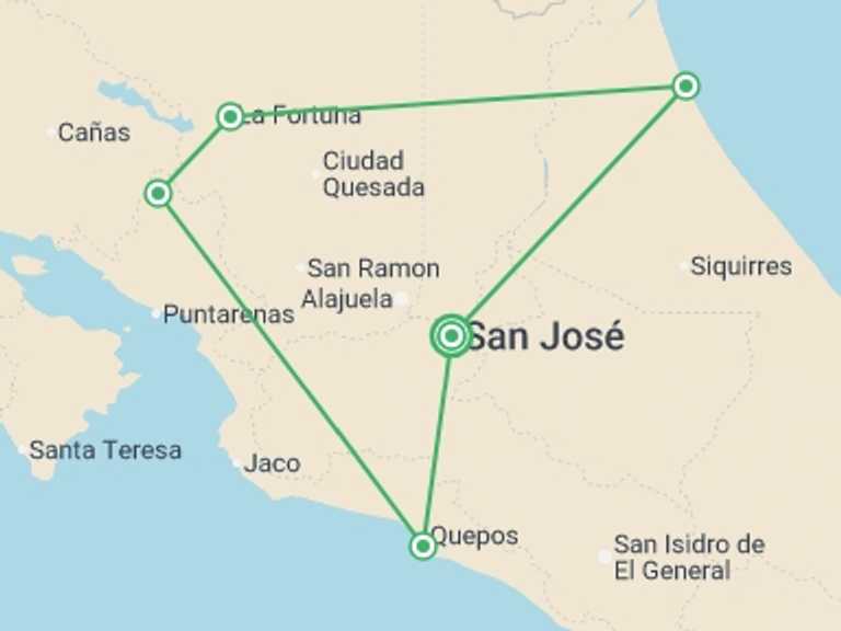 Map itinerary of South America Tour in February 2026 with 5 destination visits for the trip: Costa Rica Coast to Coast - 10 Days
