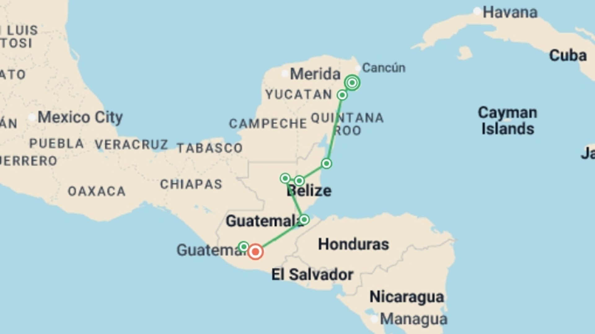A map showing the tour itinerary for the trip: Real Central America, starting in Playa Del Carmen, Mexico and ending in Antigua, Guatemala going through 7 other destinations.