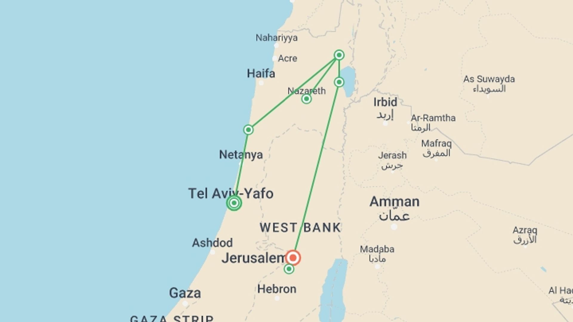 A map showing the tour itinerary for the trip: Tierra Santa, Spanish-speaking Guide (sunday), starting in Tel Aviv, Israel and ending in Jerusalem, Israel going through 1 other destinations.