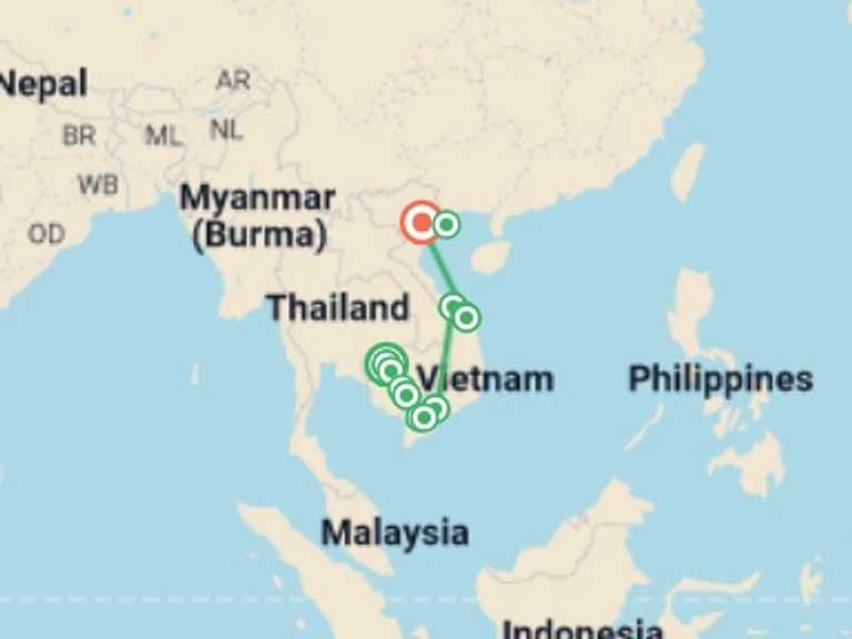Map itinerary of Hanoi Tour in February 2027 with 12 destination visits for the trip: From the Temples of Angkor to the Mekong Delta & The Imperial Cities (port-to-port cruise)