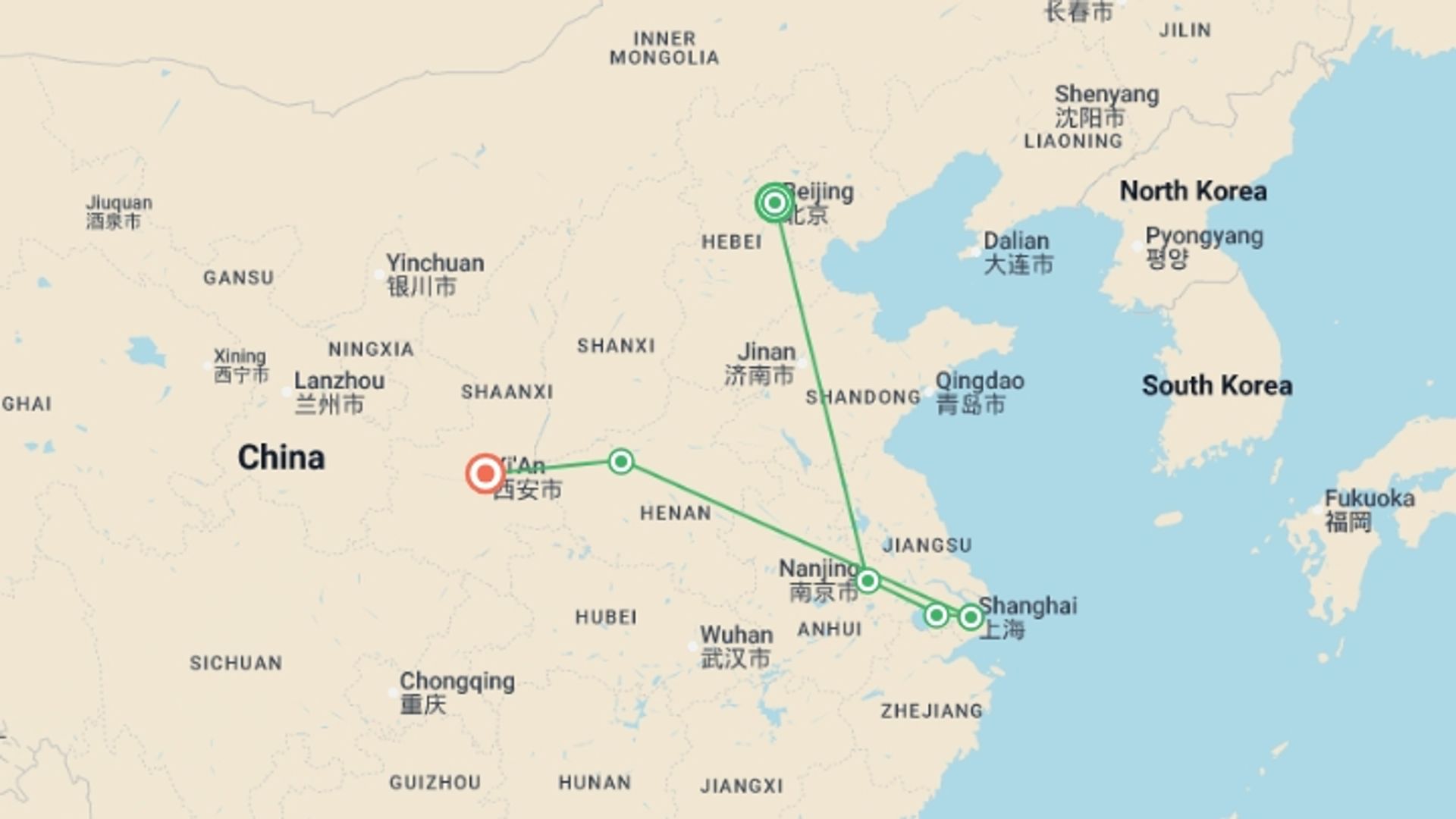 A map showing the tour itinerary for the trip: Golden Triangle in China, starting in Beijing, China and ending in Xian, China going through 3 other destinations.