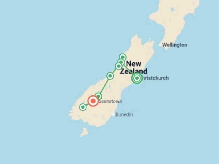 Map of New Zealand Tour with 5 destination visits for the trip: Premium New Zealand South Island