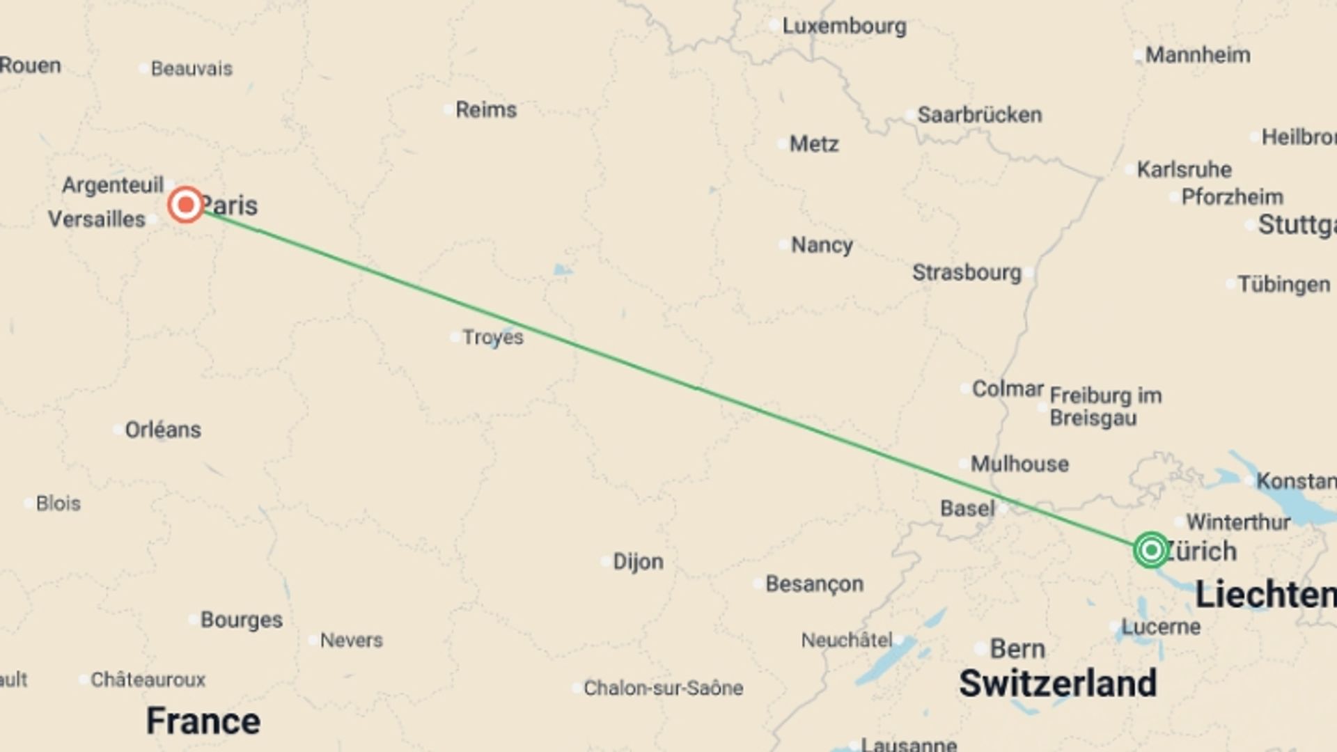 A map showing the tour itinerary for the trip: European Extravaganza IND, starting in Zurich, Switzerland and ending in Paris, France going through 0 other destinations.