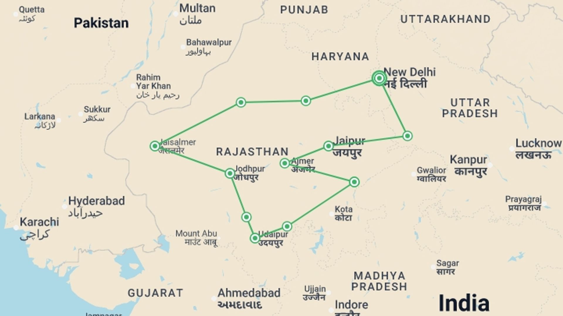 A map showing the tour itinerary for the trip: Royal India - 21 days, starting in New Delhi, India and ending in New Delhi, India going through 11 other destinations.
