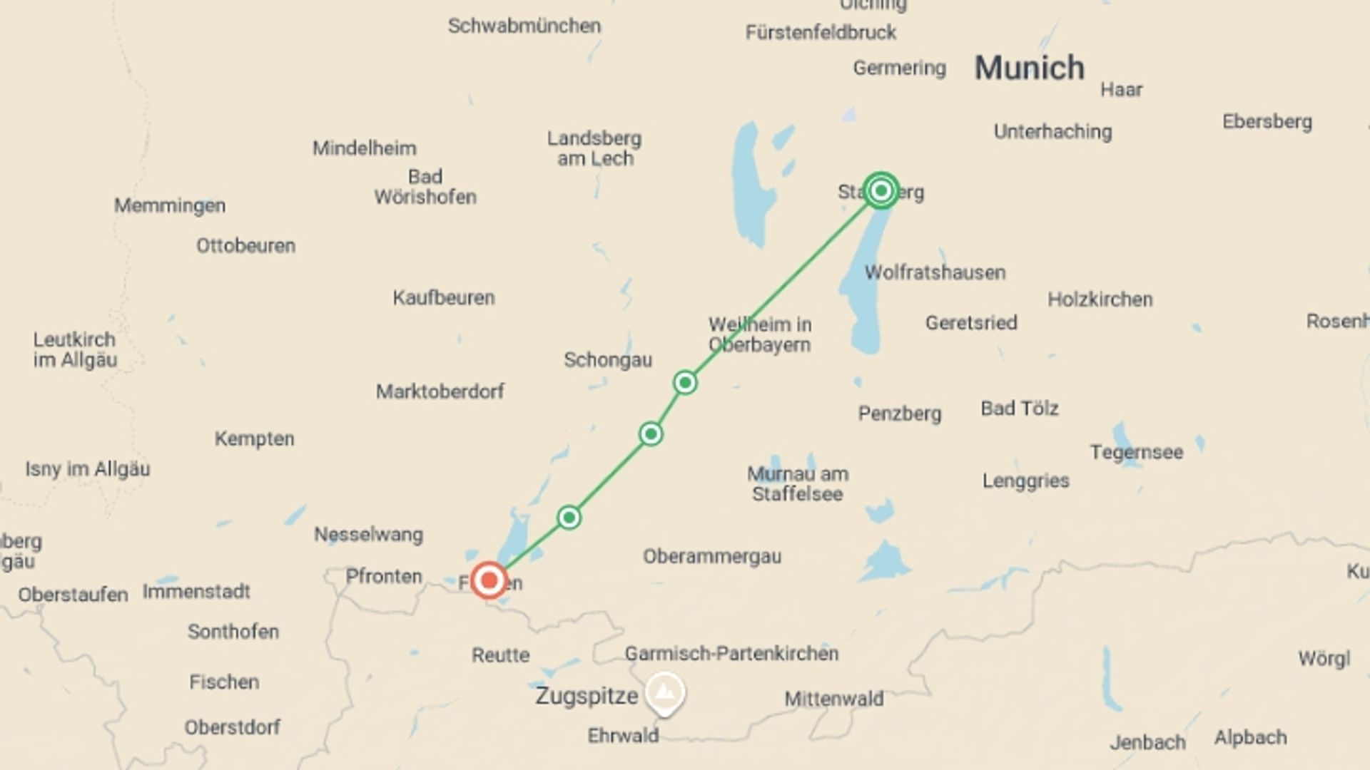 A map showing the tour itinerary for the trip: Bavaria: King Ludwig's Way, starting in Starnberg, Germany and ending in Füssen, Germany going through 3 other destinations.