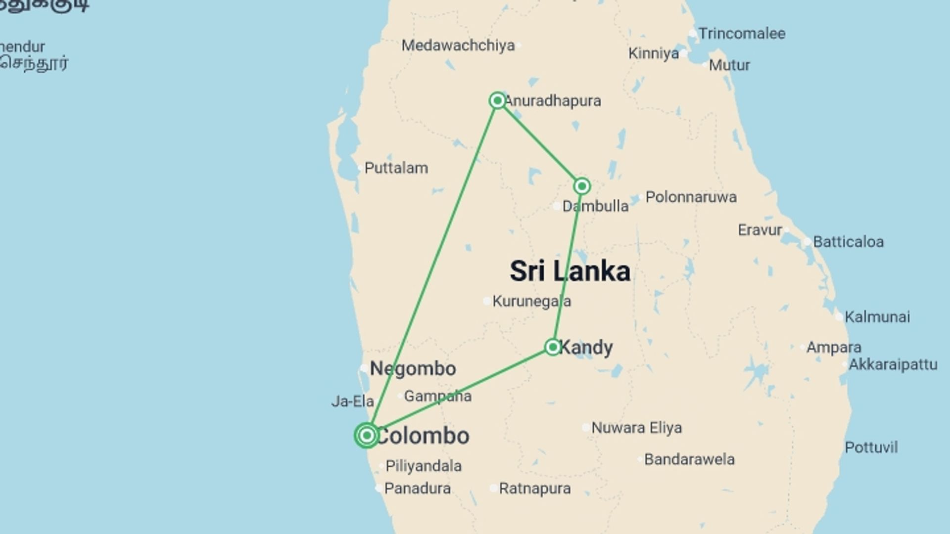 A map showing the tour itinerary for the trip: Anuradhapura, Sigiriya & Kandy - 9 days, starting in Colombo, Sri Lanka and ending in Colombo, Sri Lanka going through 3 other destinations.