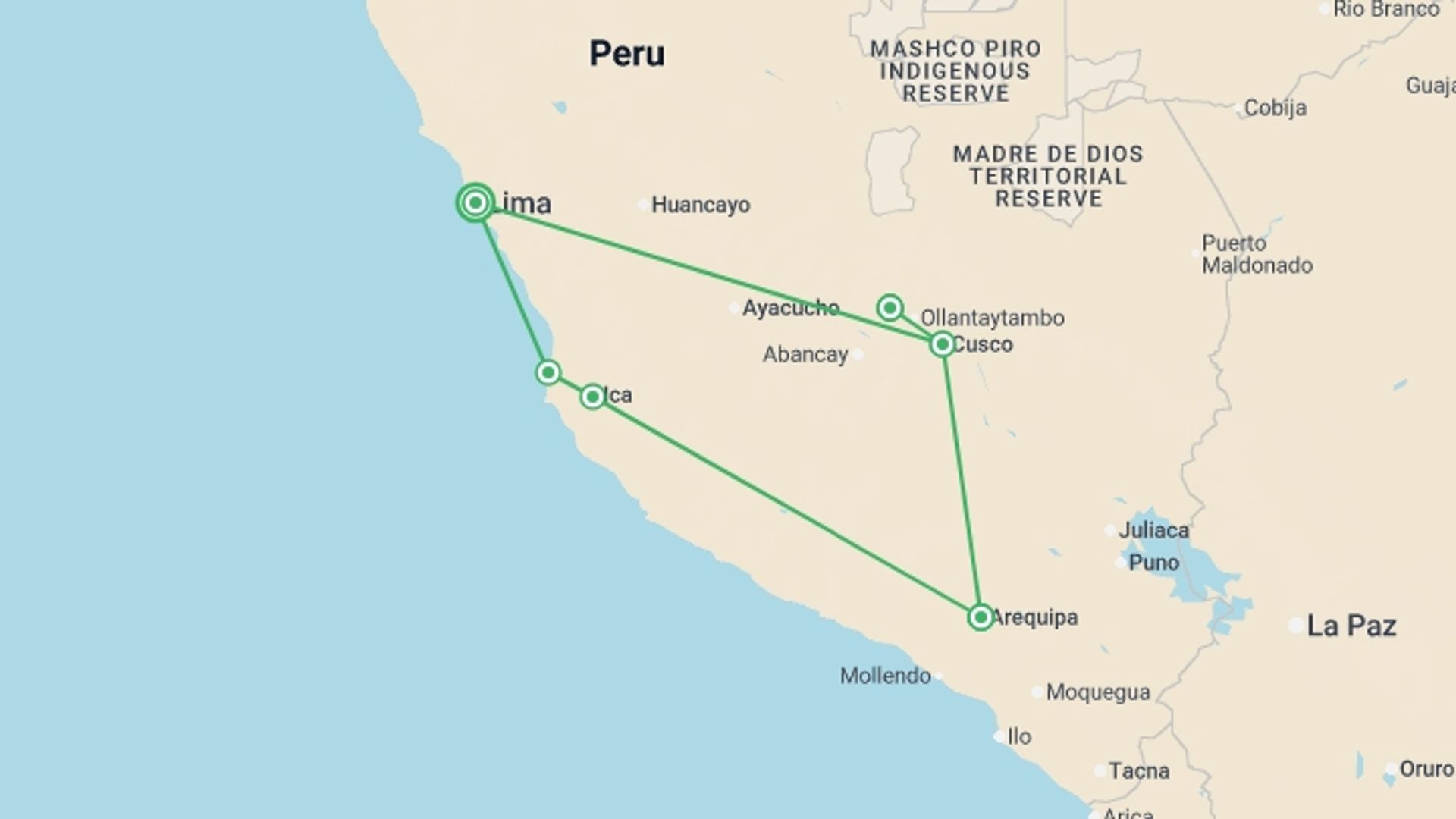 A map showing the tour itinerary for the trip: Machu Picchu Calling, starting in Lima, Peru and ending in Lima, Peru going through 6 other destinations.