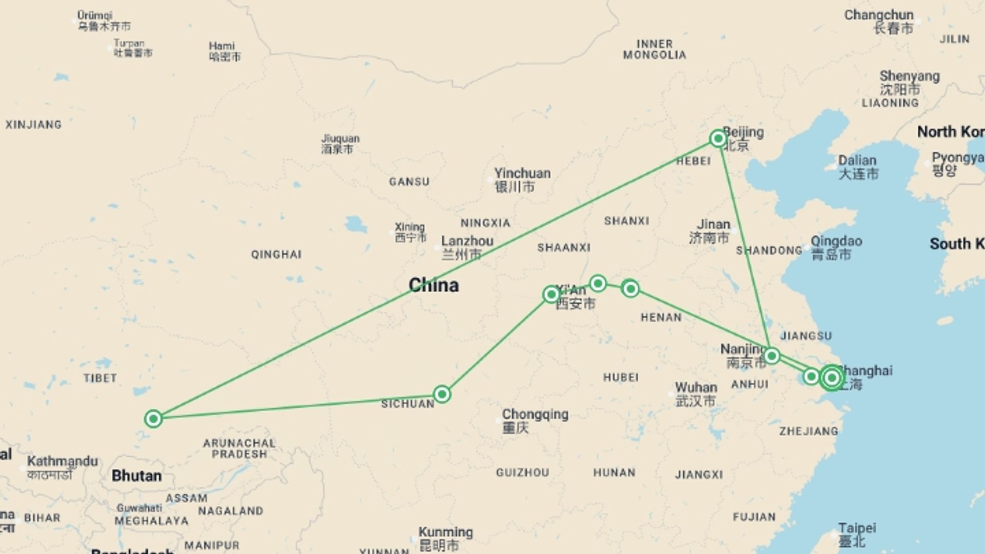 A map showing the tour itinerary for the trip: Roads of Tibet and Unforgettable China, starting in Shanghai, China and ending in Shanghai, China going through 6 other destinations.