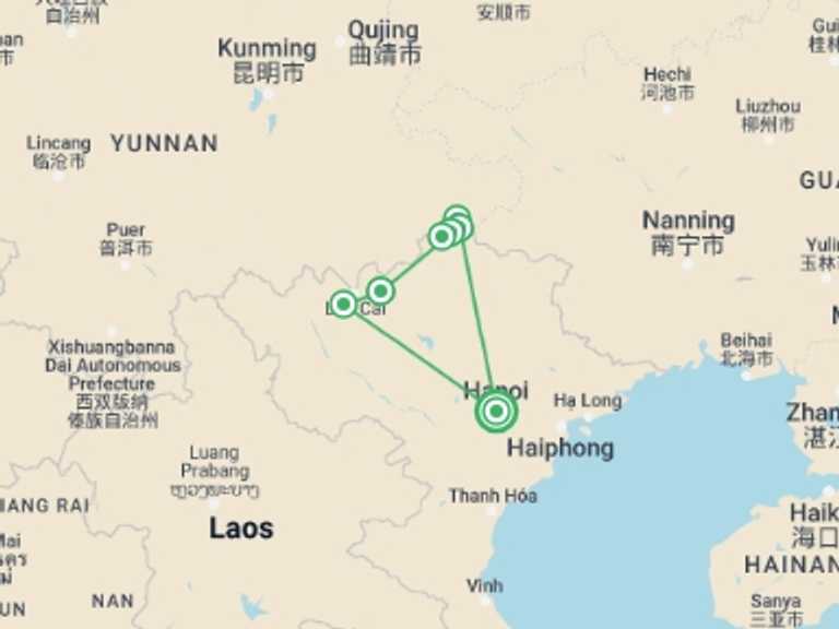 Map of Sapa Trekking and Hiking Tour with 5 destination visits for the trip: Vietnam Mountain Trail Explorer 8 Days 7 Nights