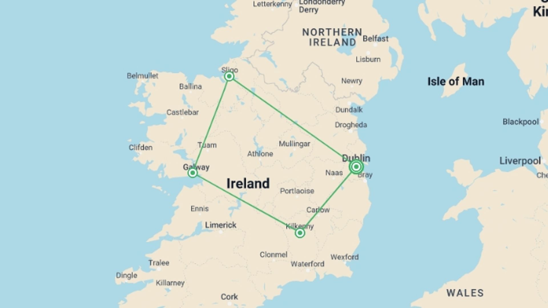 A map showing the tour itinerary for the trip: Scenic Ireland - Premium, starting in Dublin, Ireland and ending in Dublin, Ireland going through 3 other destinations.