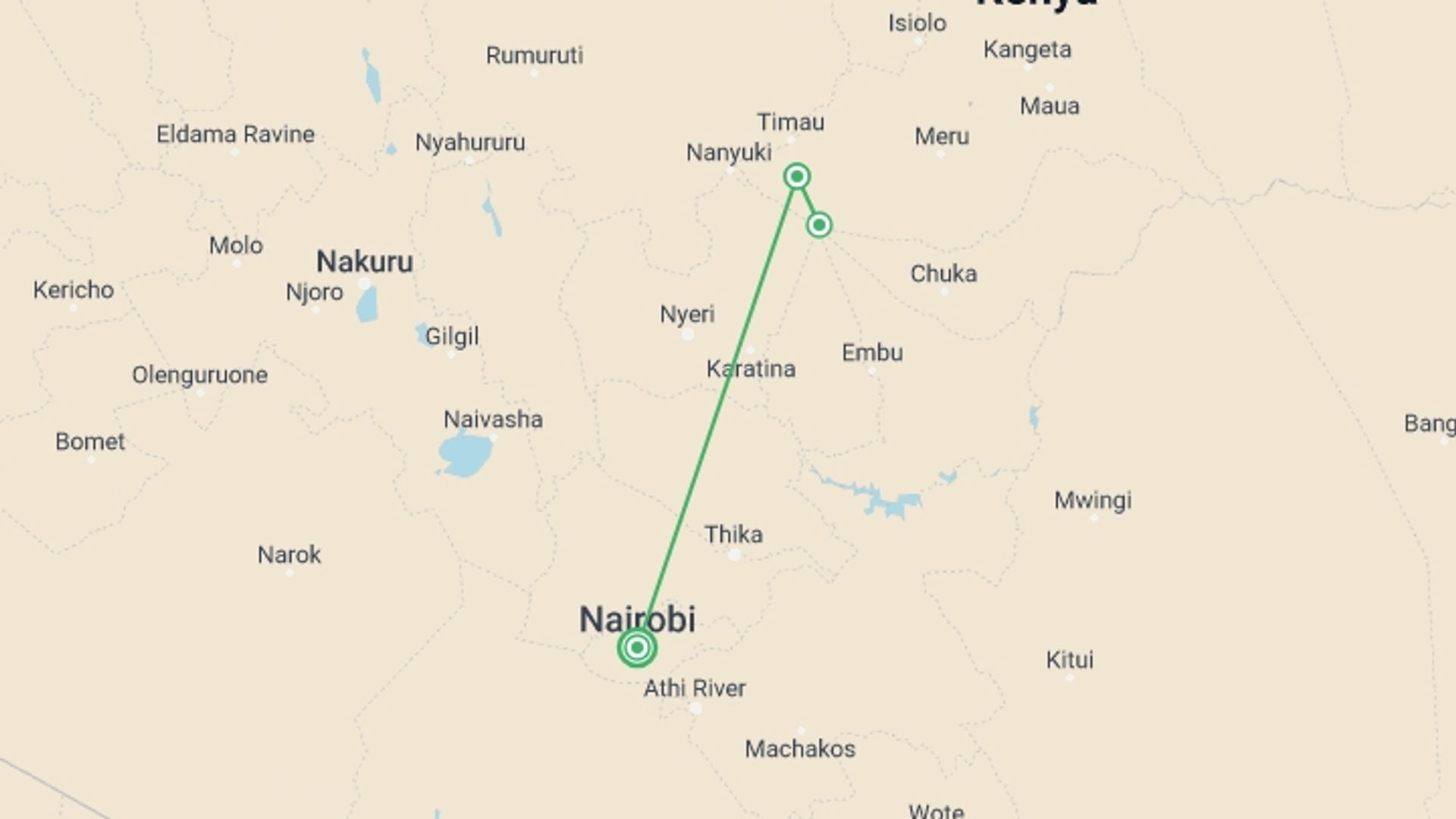 A map showing the tour itinerary for the trip: 4 Days Mt. Kenya Sirimon Route and Down Sirimon, starting in Nairobi, Kenya and ending in Nairobi, Kenya going through 3 other destinations.