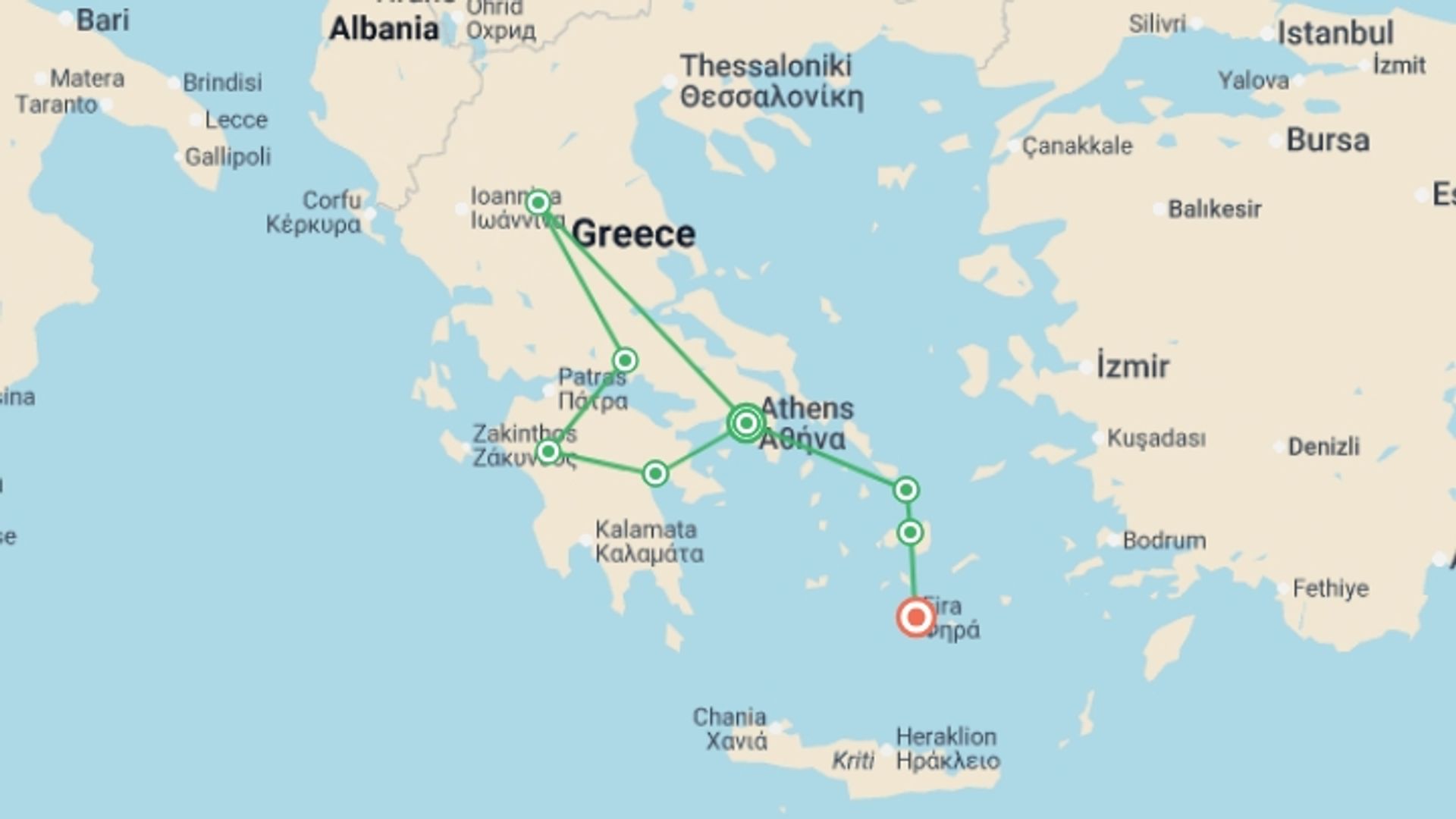 A map showing the tour itinerary for the trip: Journeys: Classical Greece and Her Island Jewels, starting in Athens, Greece and ending in Santorini, Greece going through 6 other destinations.