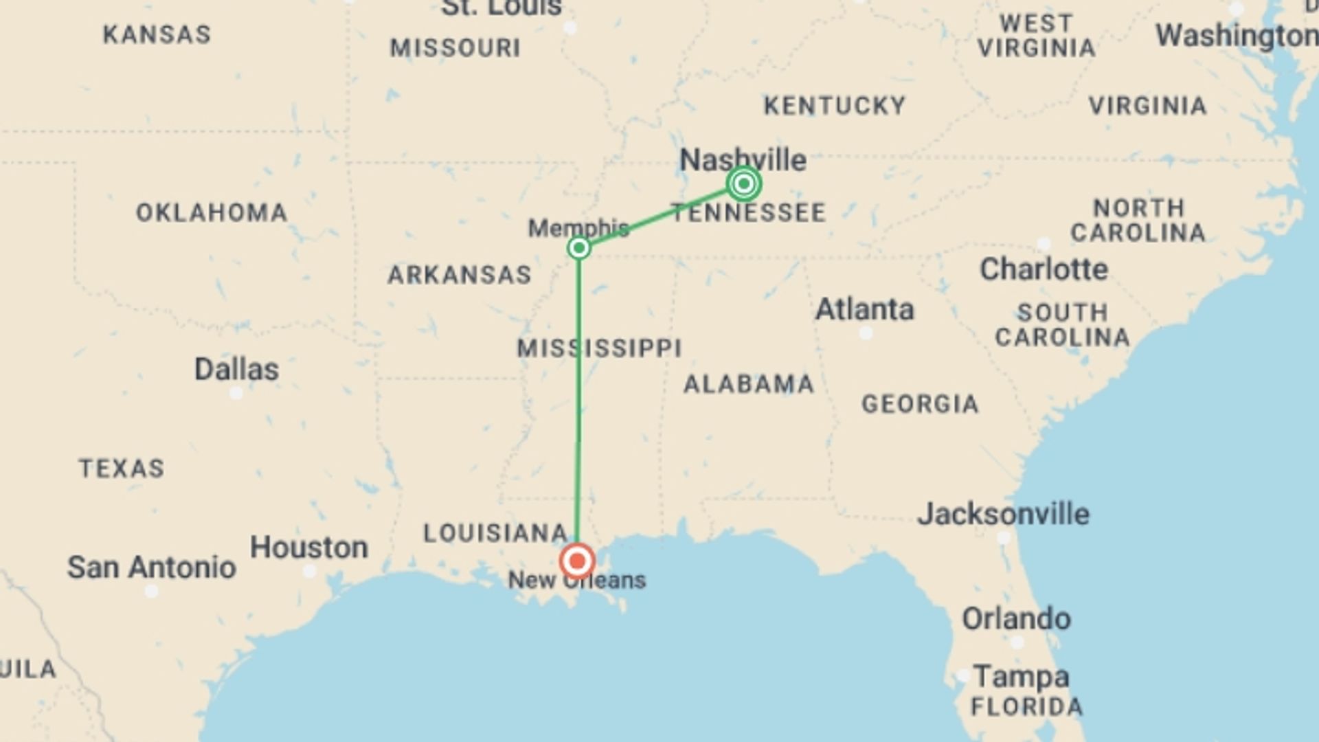A map showing the tour itinerary for the trip: Tennessee Music Trail to New Orleans, starting in Nashville, USA and ending in New Orleans, USA going through 1 other destinations.