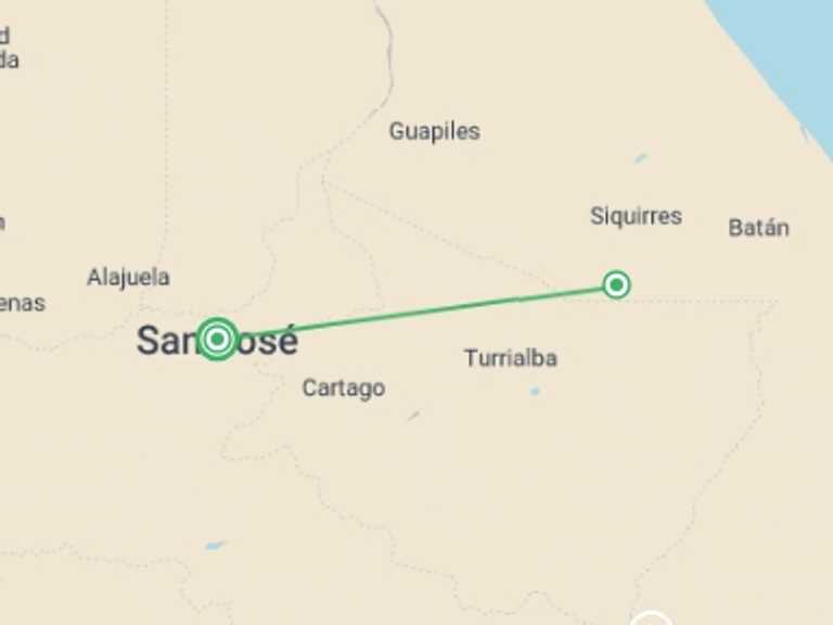 Map of a Adventure Tour with 2 destination visits for the trip: Pacuare Raging Rapids & Jungle Adventure 2D/1N