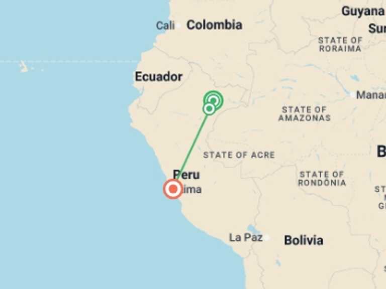 Map itinerary of South America Tour in November 2026 with 3 destination visits for the trip: 4 Days Peruvian Amazon Cruise