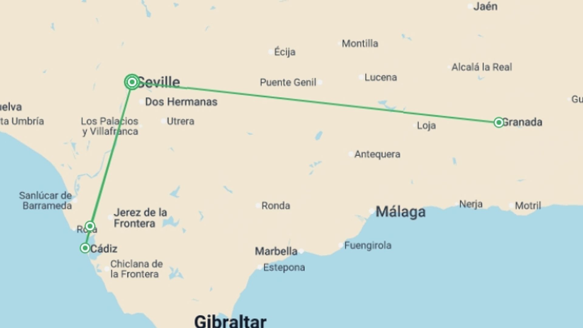 A map showing the tour itinerary for the trip: Family Club - Andalusia: Traditions, Gastronomy and Flamenco (port-to-port cruise), starting in Seville, Spain and ending in Seville, Spain going through 2 other destinations.