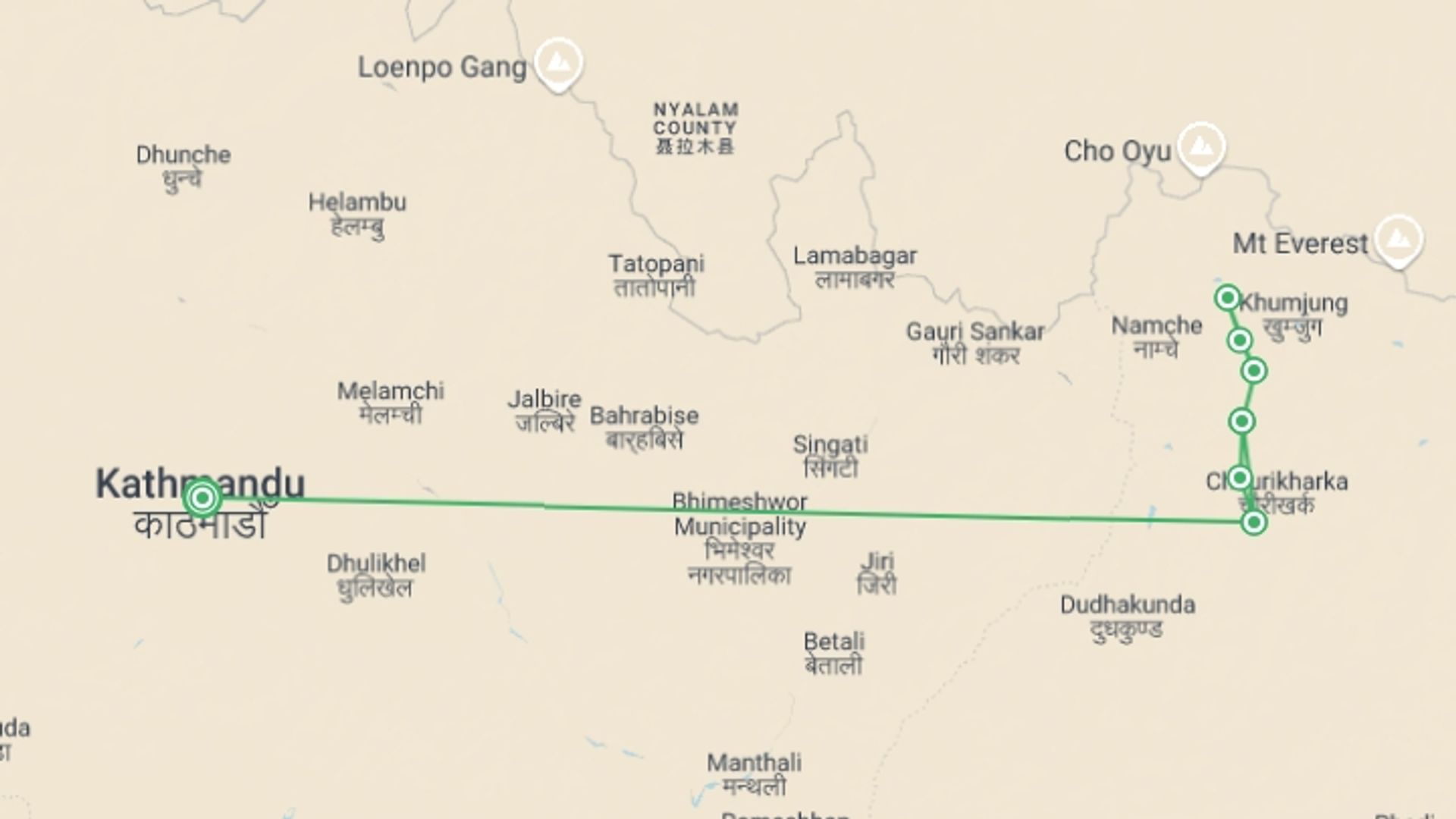 A map showing the tour itinerary for the trip: Gokyo Lakes and Gokyo Ri Trek, starting in Kathmandu, Nepal and ending in Kathmandu, Nepal going through 7 other destinations.