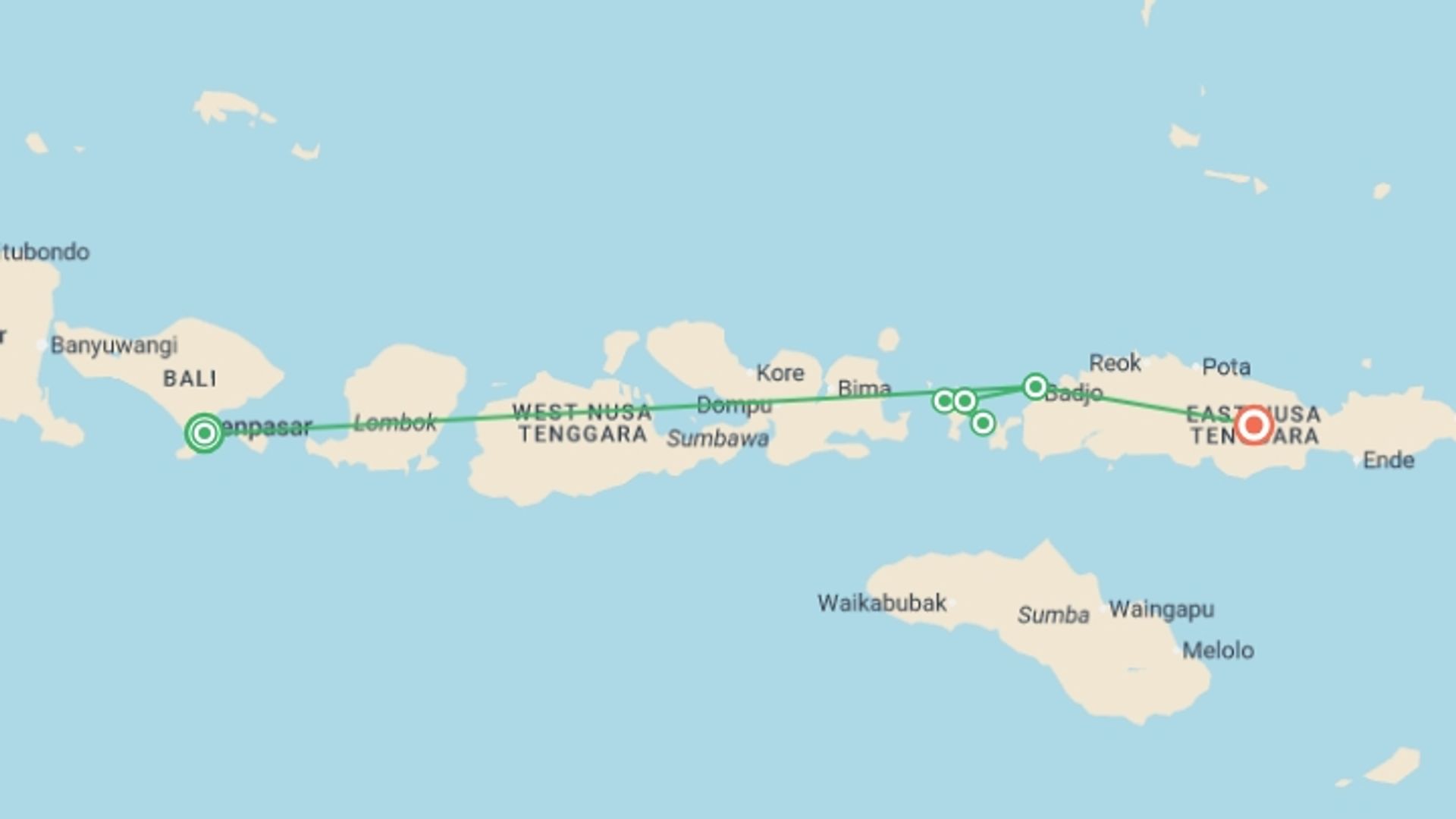 A map showing the tour itinerary for the trip: Komodo & Flores Sail, starting in Sanur, Indonesia and ending in Flores Island, Indonesia going through 2 other destinations.