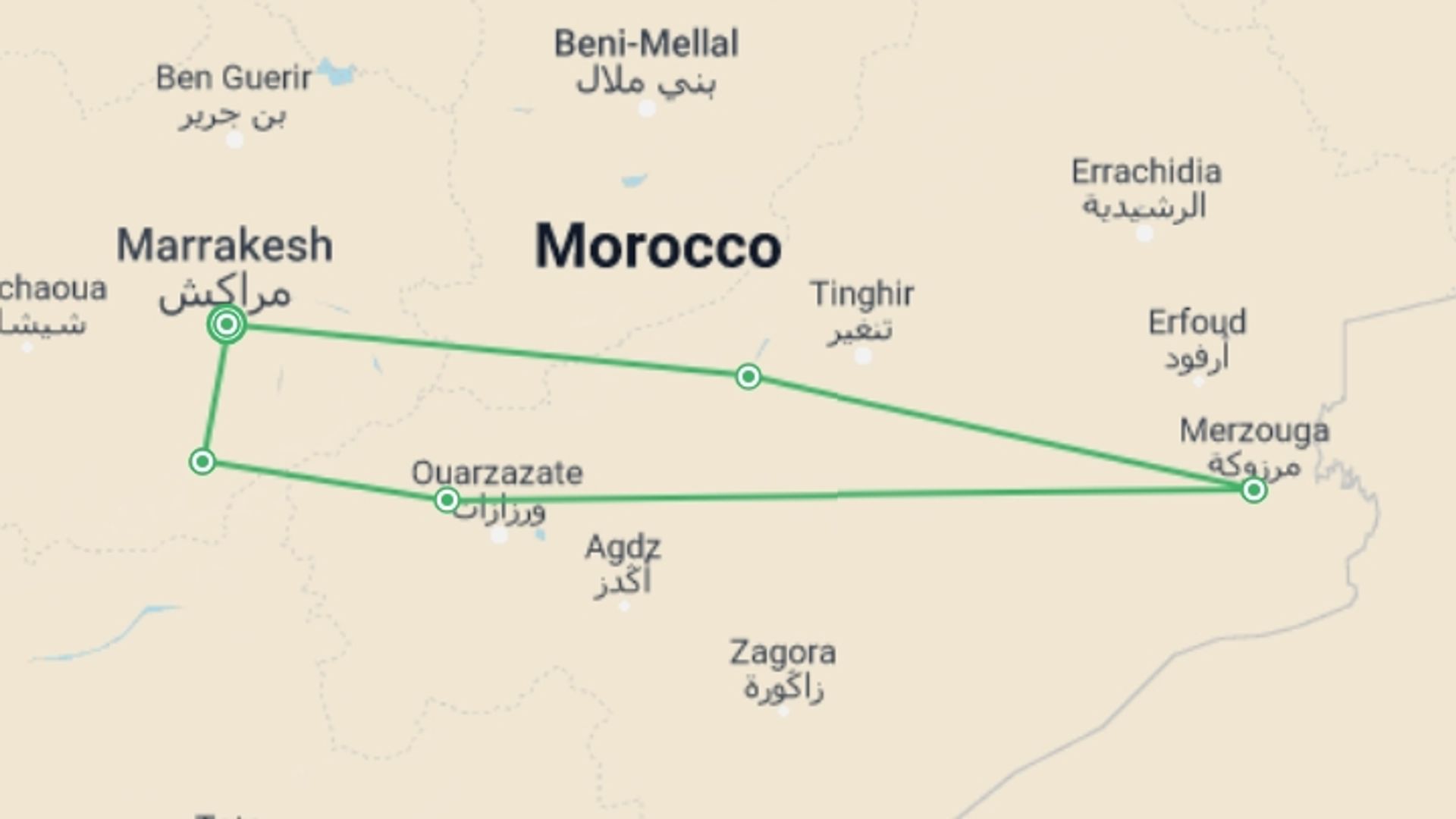 A map showing the tour itinerary for the trip: Southern Morocco: Marrakech, the Atlas Mountain & the Sahara, starting in Marrakech, Morocco and ending in Marrakech, Morocco going through 4 other destinations.