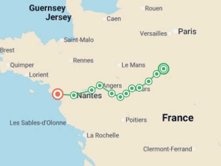Map itinerary of France Tour in May 2026 with 15 destination visits for the trip: Cycle the Loire - Orléans to the Atlantic Coast