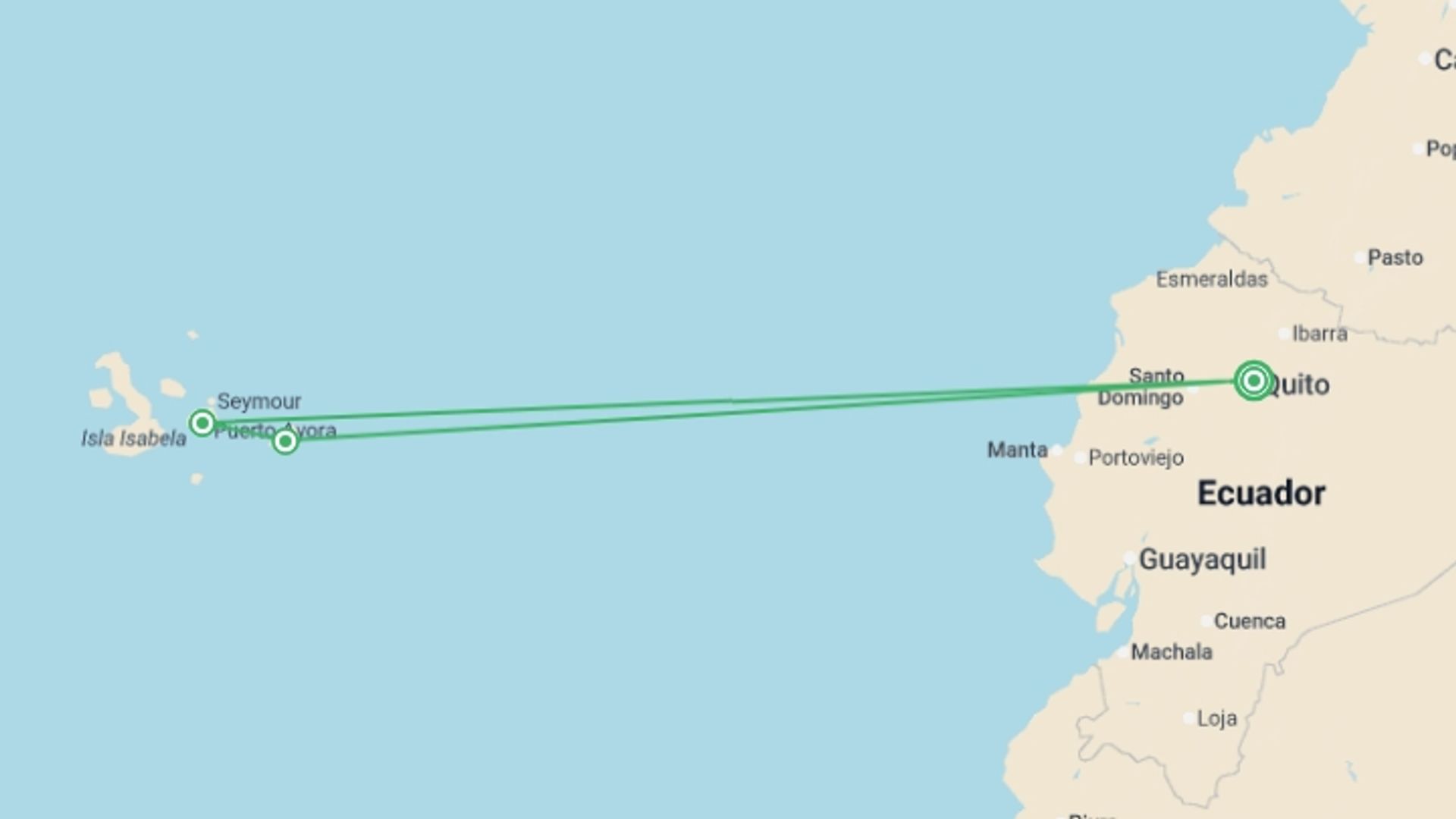A map showing the tour itinerary for the trip: Galapagos Island Hopping Diving Full Experience 8D/7N, starting in Quito, Ecuador and ending in Quito, Ecuador going through 2 other destinations.
