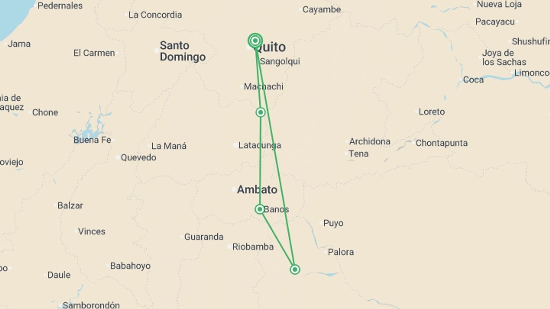 A map showing the tour itinerary for the trip: Premium Ecuador, starting in Quito, Ecuador and ending in Quito, Ecuador going through 3 other destinations.