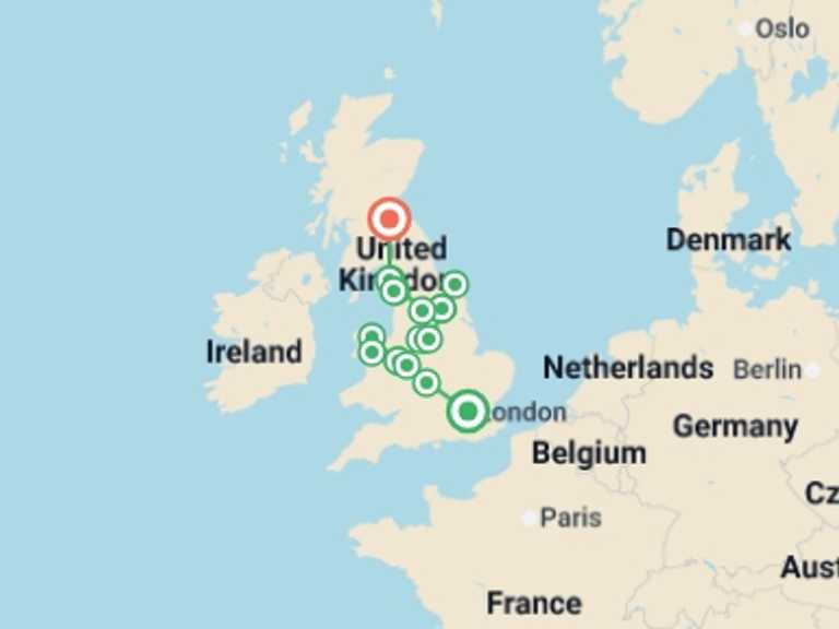 Map itinerary of London Tour in October 2026 with 5 destination visits for the trip: London to Edinburgh (Hotel) - 8 days