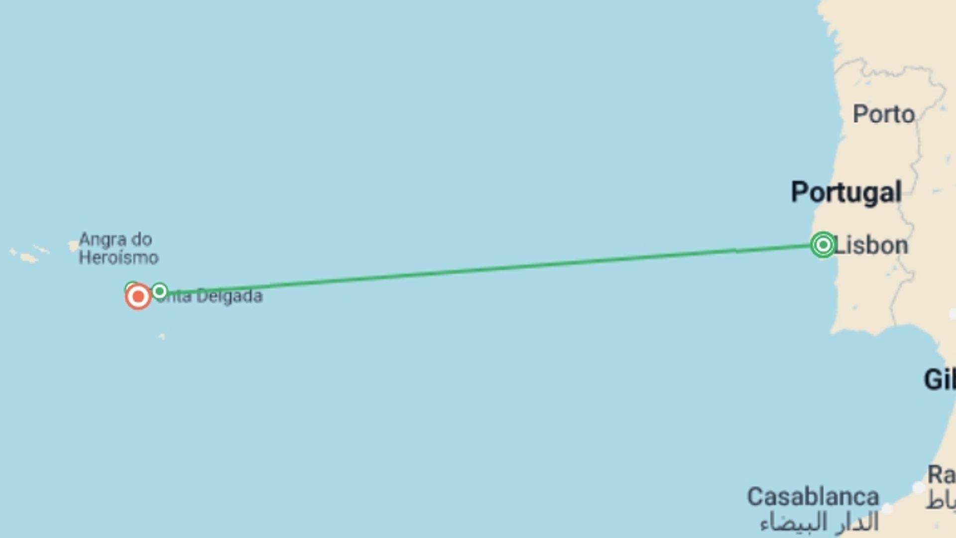 A map showing the tour itinerary for the trip: Amazing Lisbon and Azores Islands, starting in Lisbon, Portugal and ending in Ponta delgada, Portugal going through 0 other destinations.