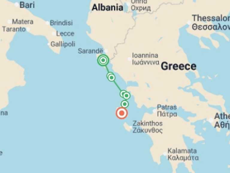 Map of 8-Day Europe Tour with 5 destination visits for the trip: Greece Sailing Adventure: Corfu to Kefalonia