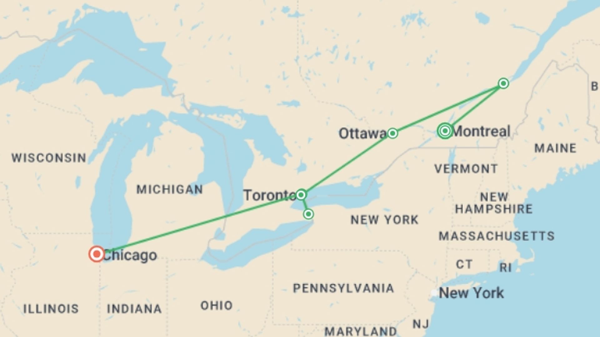 A map showing the tour itinerary for the trip: Unmissable Canada, Niagara and Chicago, starting in Montreal, Canada and ending in Chicago, USA going through 5 other destinations.