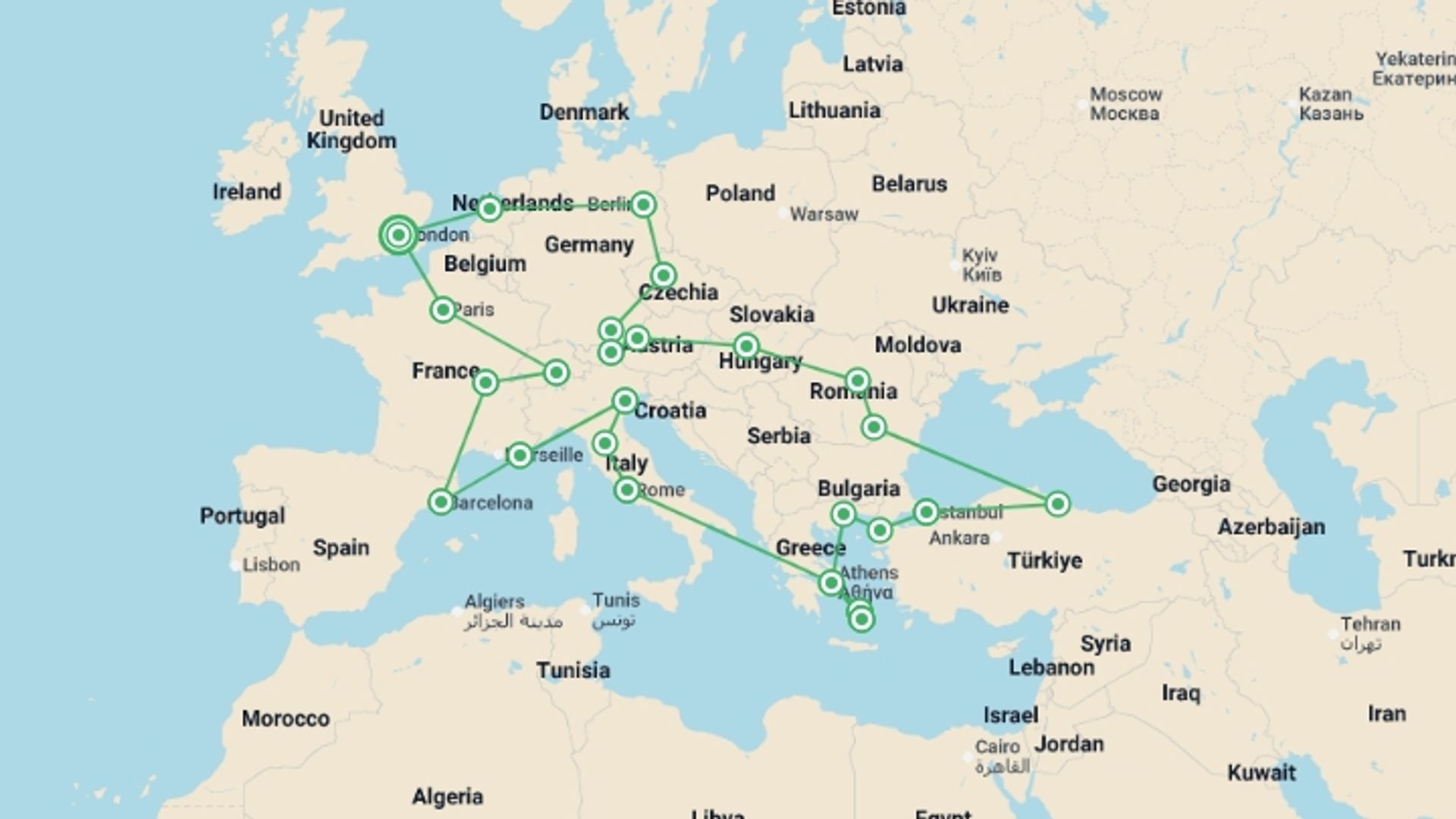 A map showing the tour itinerary for the trip: Ultimate European, starting in London, England and ending in London, England going through 24 other destinations.