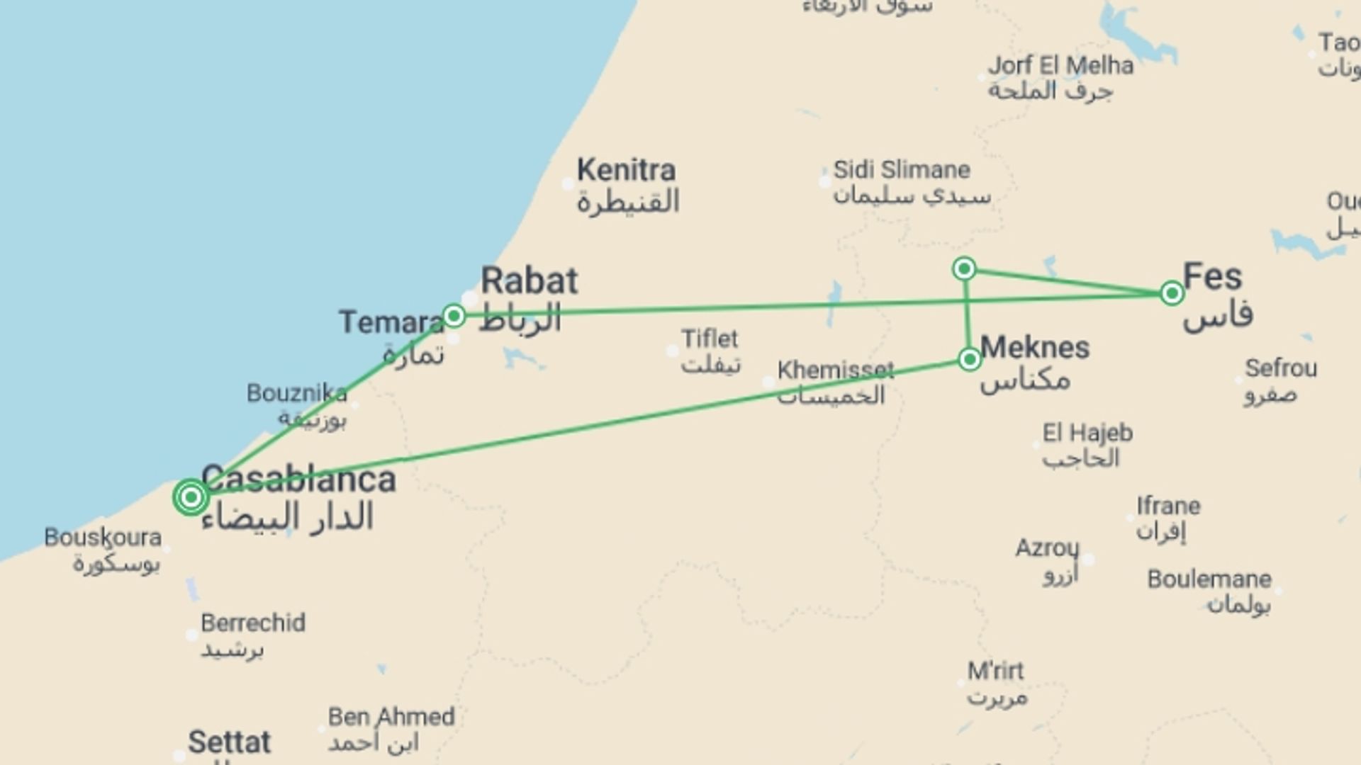A map showing the tour itinerary for the trip: Casablanca & Fes - 5 days, starting in Casablanca, Morocco and ending in Casablanca, Morocco going through 1 other destinations.