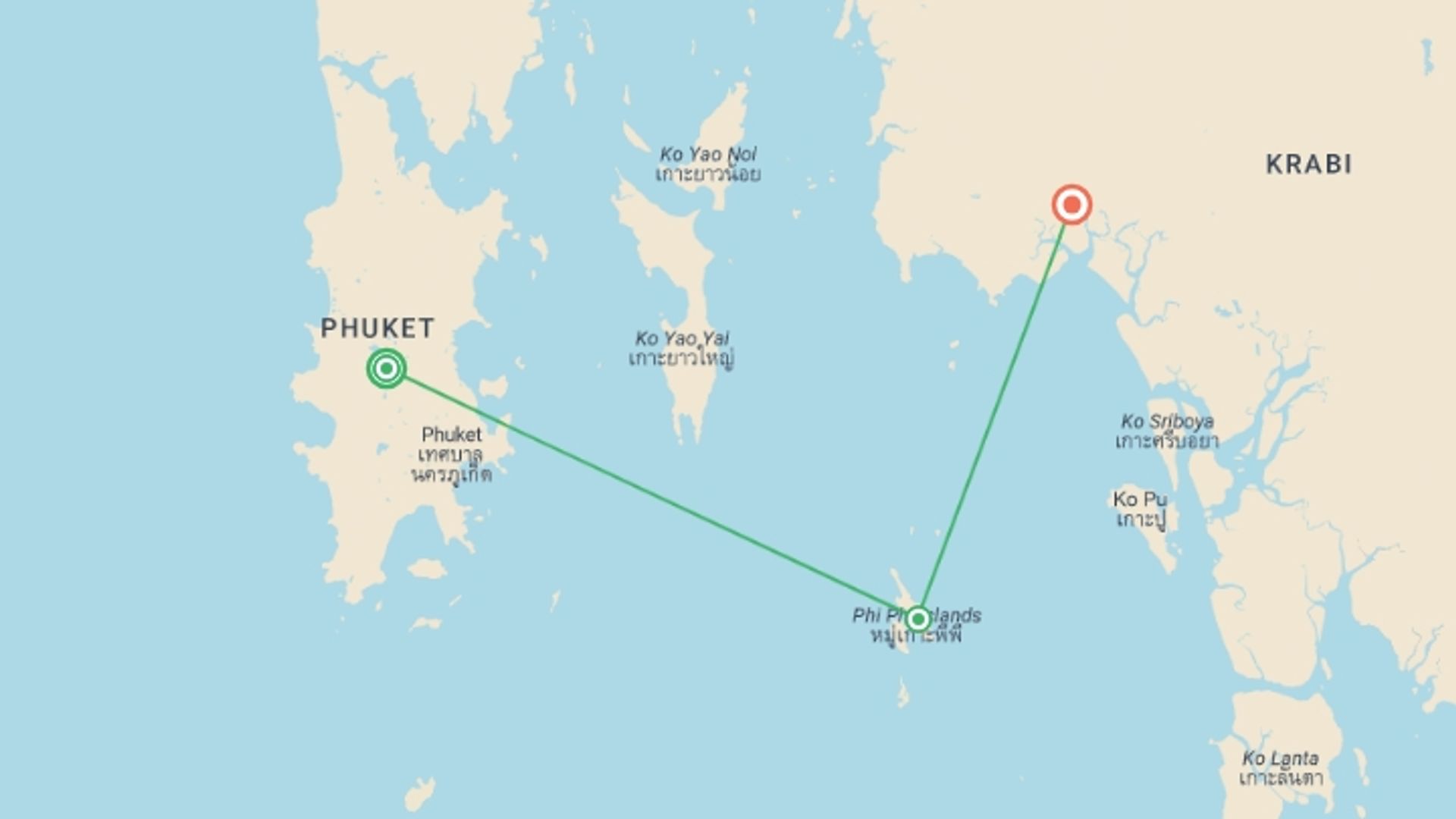 A map showing the tour itinerary for the trip: A Relaxing Getaway To The Exotic Islands, 12 Days, starting in Phuket, Thailand and ending in Krabi, Thailand going through 1 other destinations.