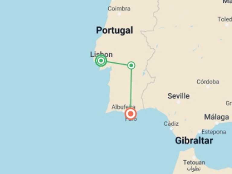 Map itinerary of Portugal Tour in September 2025 with 4 destination visits for the trip: Lisbon & the Algarve Private Getaway