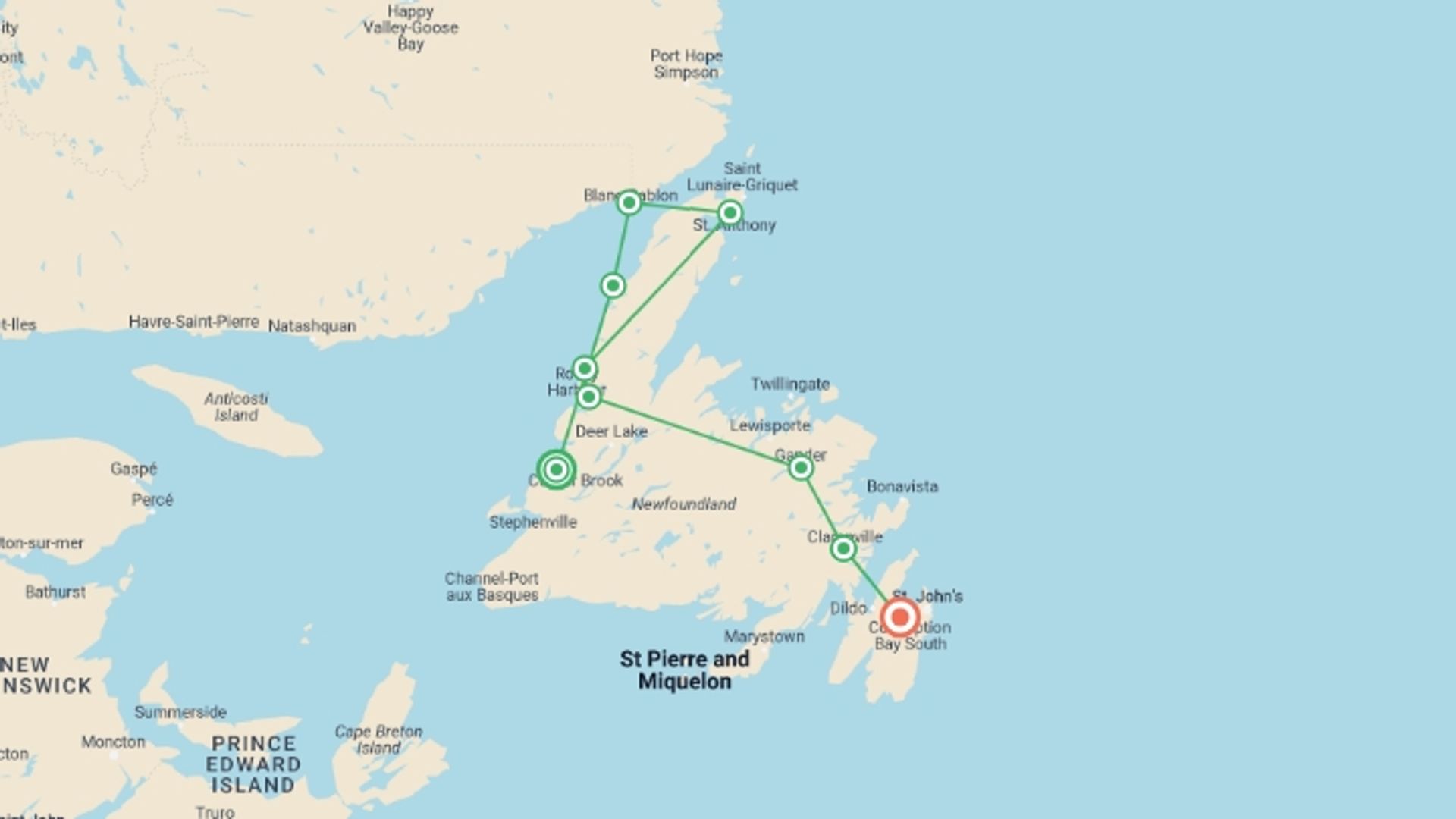 A map showing the tour itinerary for the trip: Exploring Newfoundland & Labrador West to East, starting in Corner Brook, Canada and ending in St. John’s, Canada going through 8 other destinations.
