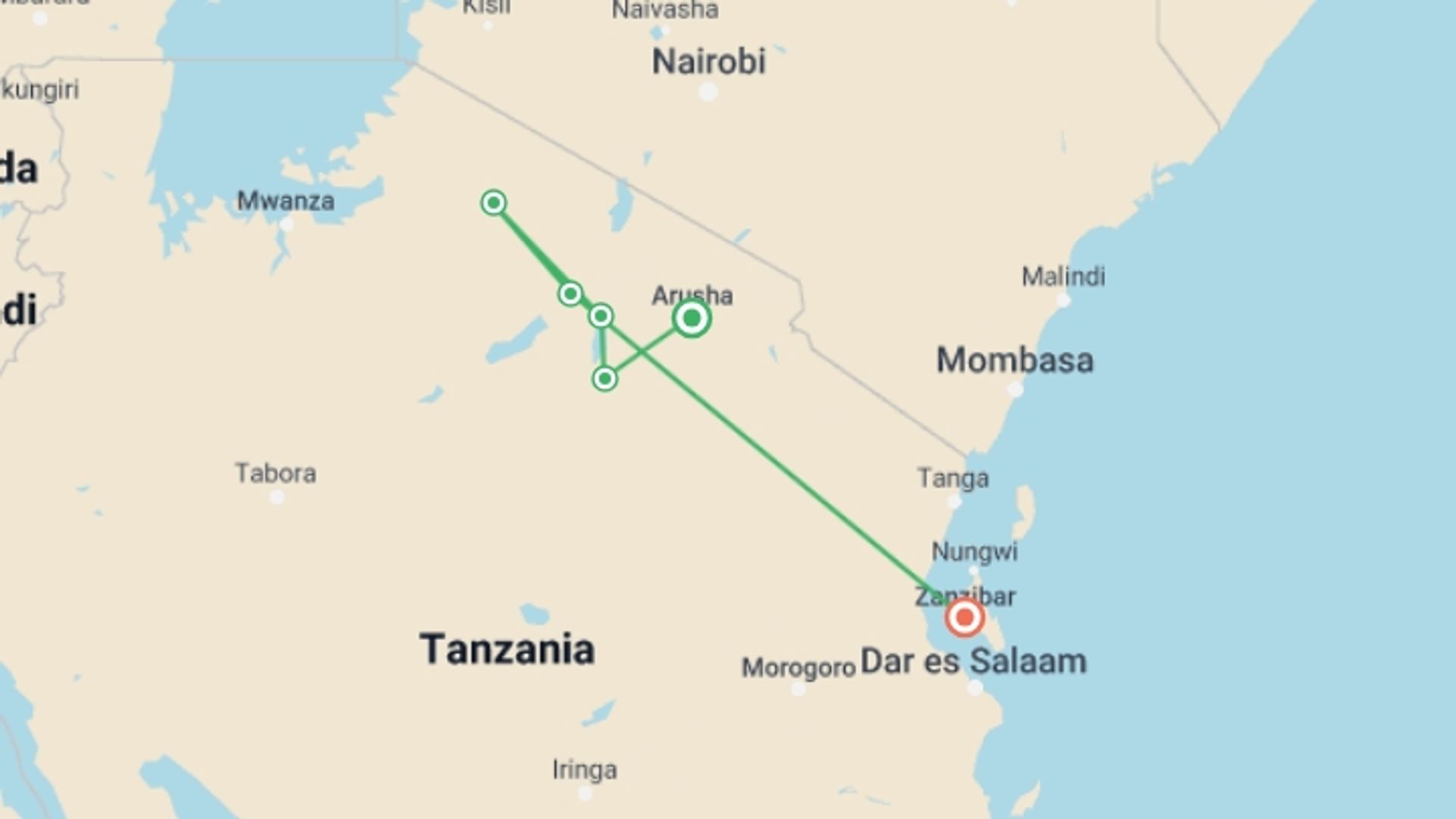 A map showing the tour itinerary for the trip: 9-Day Tanzania Safari & Beach Holiday, starting in Arusha, Tanzania and ending in Zanzibar, Tanzania going through 4 other destinations.