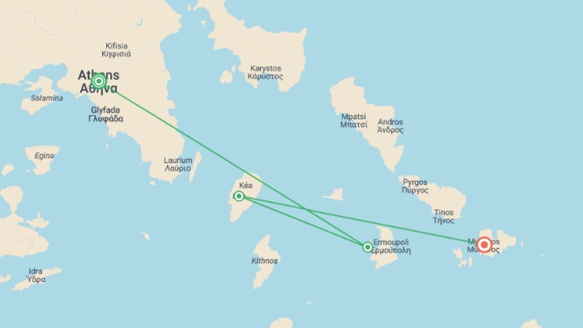 A map showing the tour itinerary for the trip: Sailing Greece - Athens to Mykonos, starting in Athens, Greece and ending in Mykonos, Greece going through 2 other destinations.
