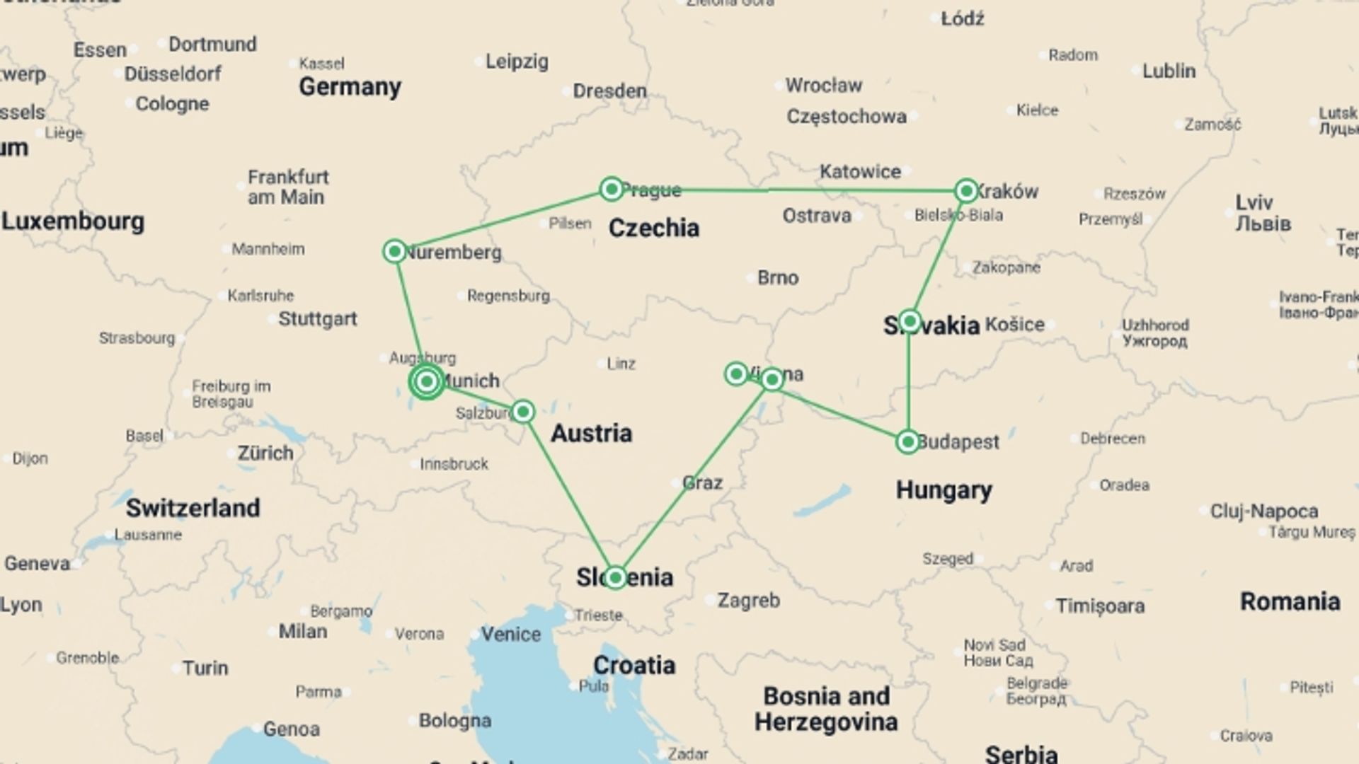 A map showing the tour itinerary for the trip: Eastern Highlights, starting in Munich, Germany and ending in Munich, Germany going through 5 other destinations.