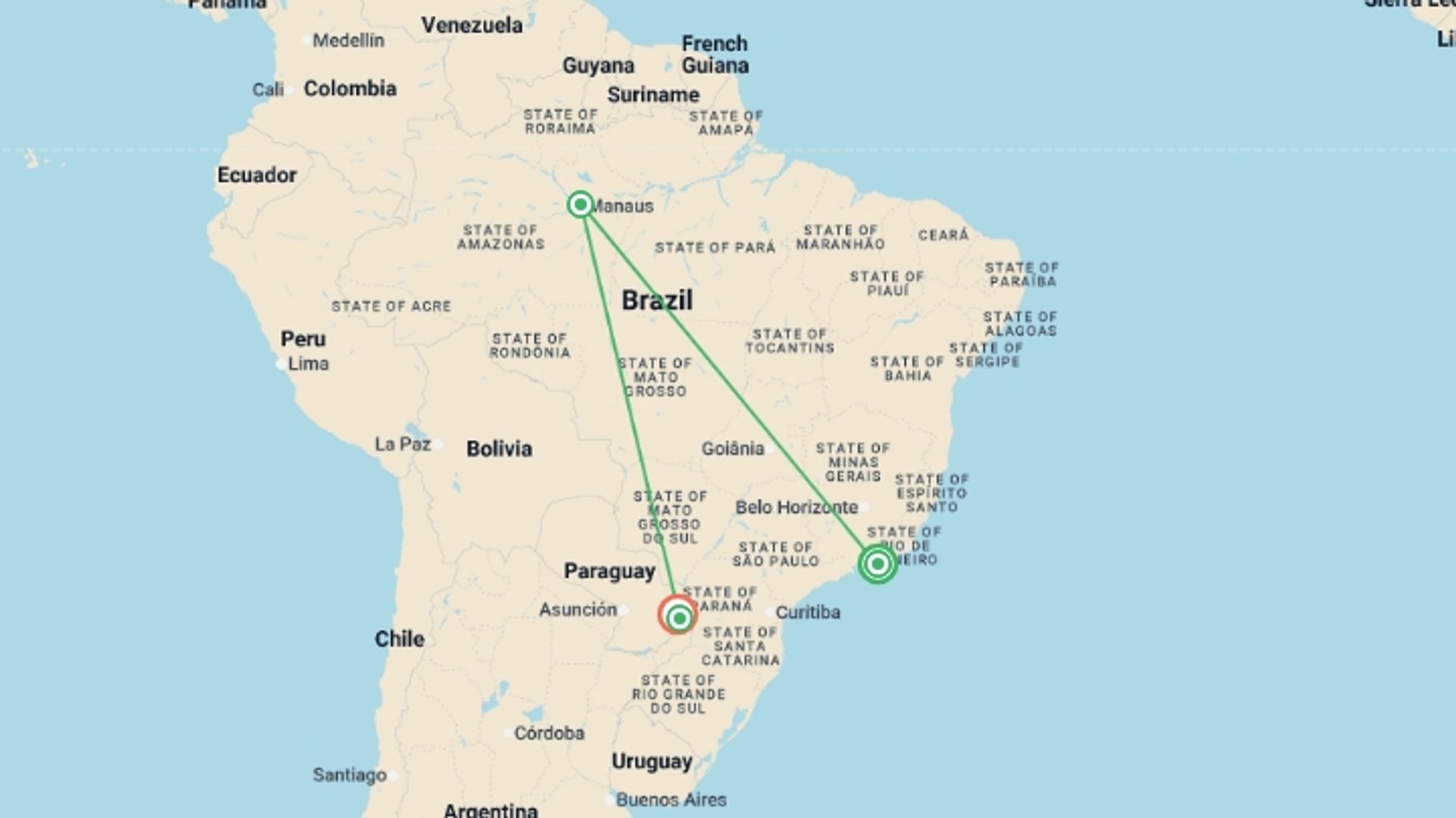 A map showing the tour itinerary for the trip: Rio, the Amazon & Iguazu Falls - 9 days, starting in Rio de Janeiro, Brazil and ending in Foz Do Iguacu, Brazil going through 2 other destinations.