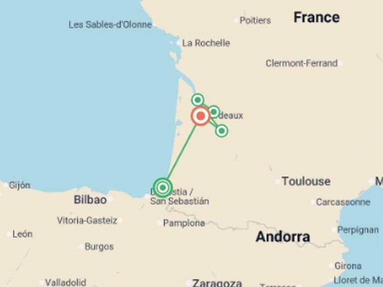Map of Europe Tour with 6 destination visits for the trip: From the French Basque Country to Bordeaux - Fine French cuisine at the foot of the Pyrenees and a cruise to discover Bordeaux and its outlying areas (port-to-port cruise)