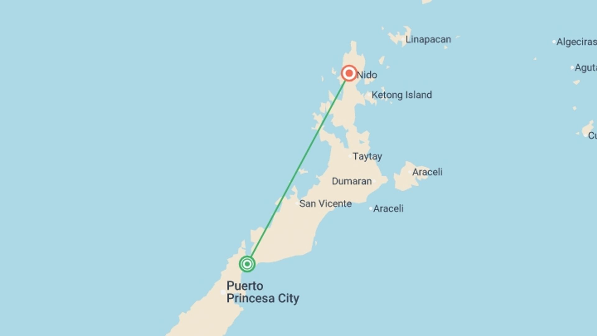 A map showing the tour itinerary for the trip: Palawan Island: Caves, Beaches & Eye-Popping Sunsets, starting in Puerto Princesa, Philippines and ending in El Nido, Philippines going through 0 other destinations.