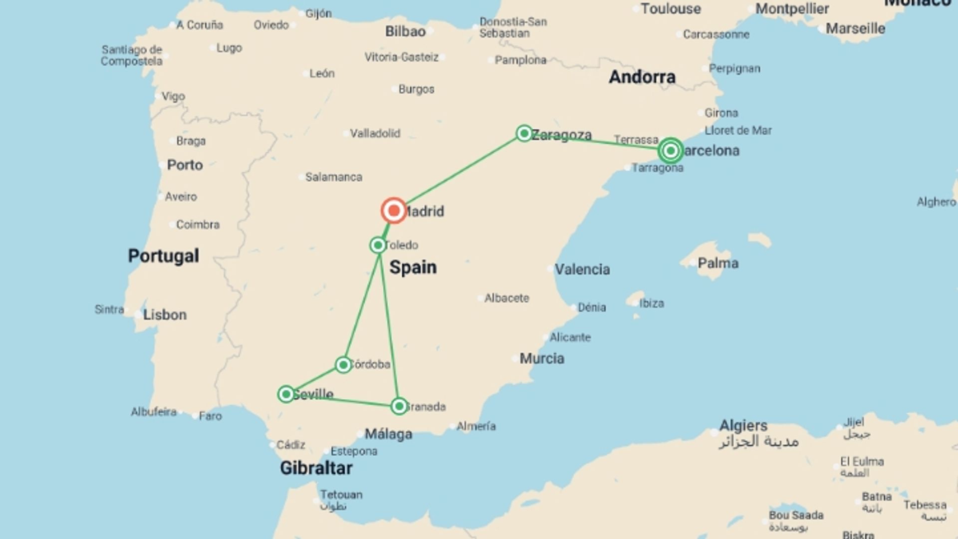 A map showing the tour itinerary for the trip: Barcelona, Seville & Alhambra Superior - 9 days, starting in Barcelona, Spain and ending in Madrid, Spain going through 2 other destinations.